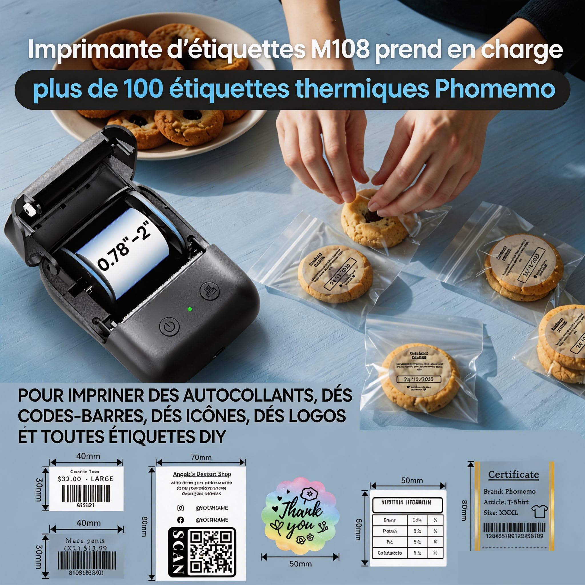 Phomemo M108 Étiqueteuse Portable,Bluetooth ÉEtiqueteuse Autocollantes, imprimante etiquette autocollante Thermique Pour les codes-barres, la vente au détail, le bureau, compatible avec iOS et Android