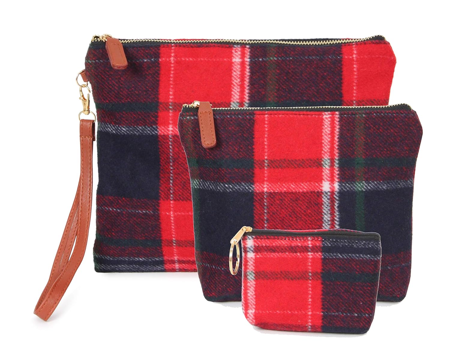 StylesILove Women Stylish Makeup Clutch Pouch Cosmetic Bag Coin Purse Card Holder Multi-use Case - Sold per 1 Piece (3-Piece Set, Tartan Red)