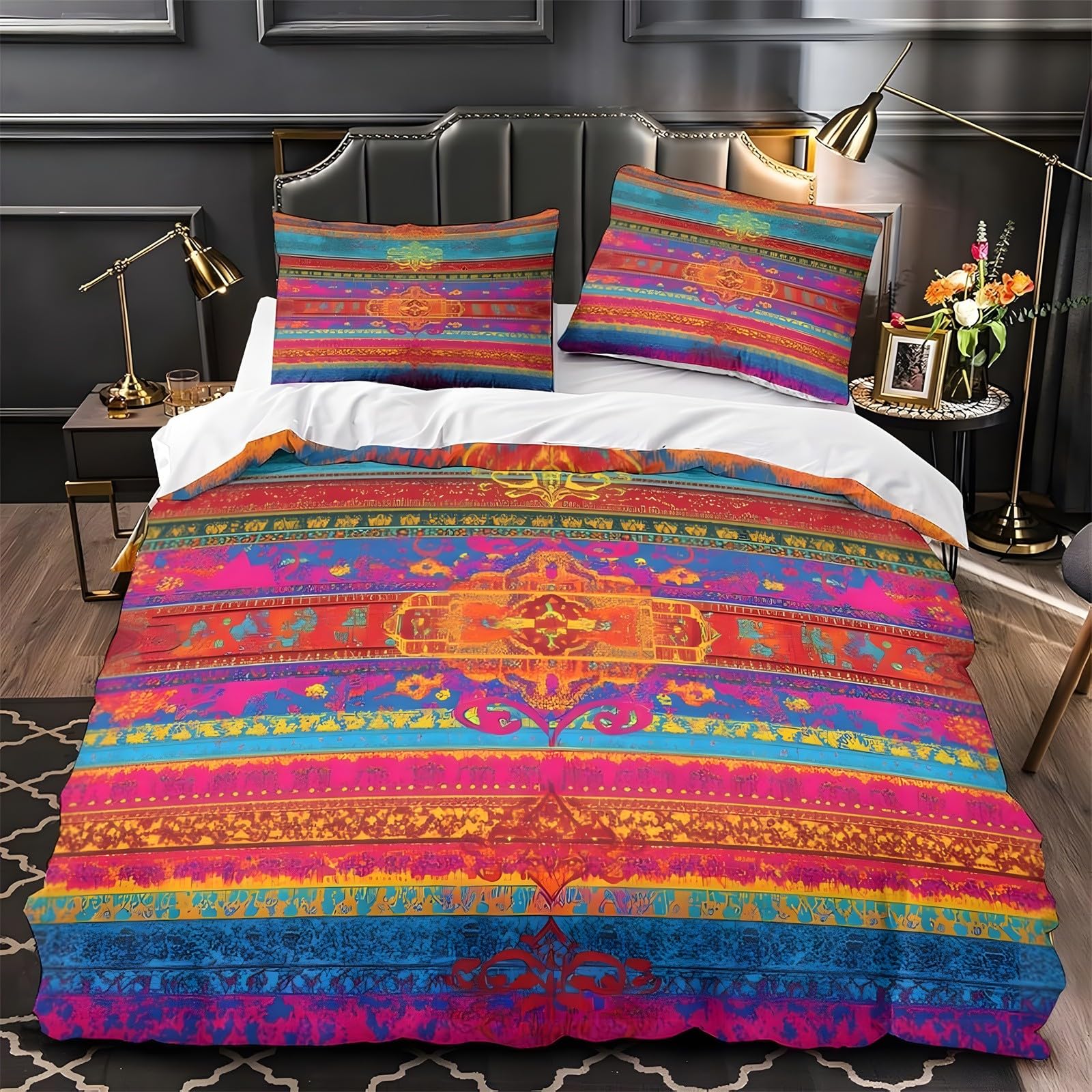 Ypthriline Double Bedding Set Ethnic Stripes Bedding Set Microfiber Bohemian Duvet Covers with Pillowcases Reversible Bedding With Zipper Closure 200x200CM