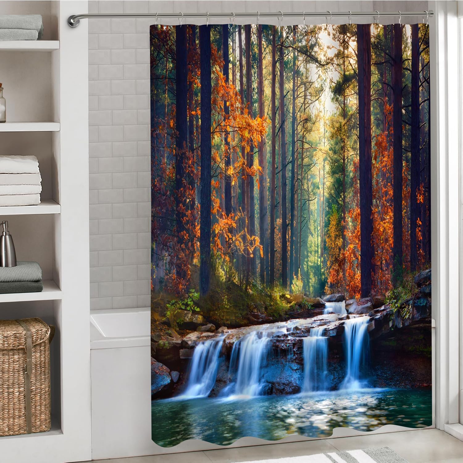 Forest Waterfall Shower Curtain Fall Autumn Scenic Jungle Natural Scenery Seasonal Landscape Green Tree River Stone Fabric Bathroom Decor Set with Hooks 70Wx70H Inch