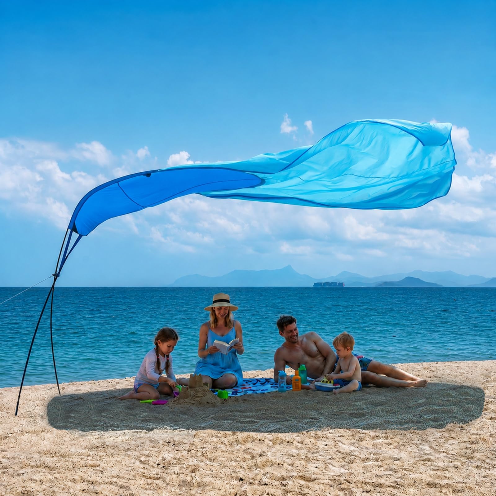 Photo 1 of YASAIN Dual-Mode Beach Shade Canopy Tent, UPF 50+ Sun Shelter, Wind-Resistant All-Aluminum X Frame, Lightweight 4.54 lbs, Fits 4-6 People, for Beach, Yard & Park, Sandbags & Guy Lines Included (Blue)
