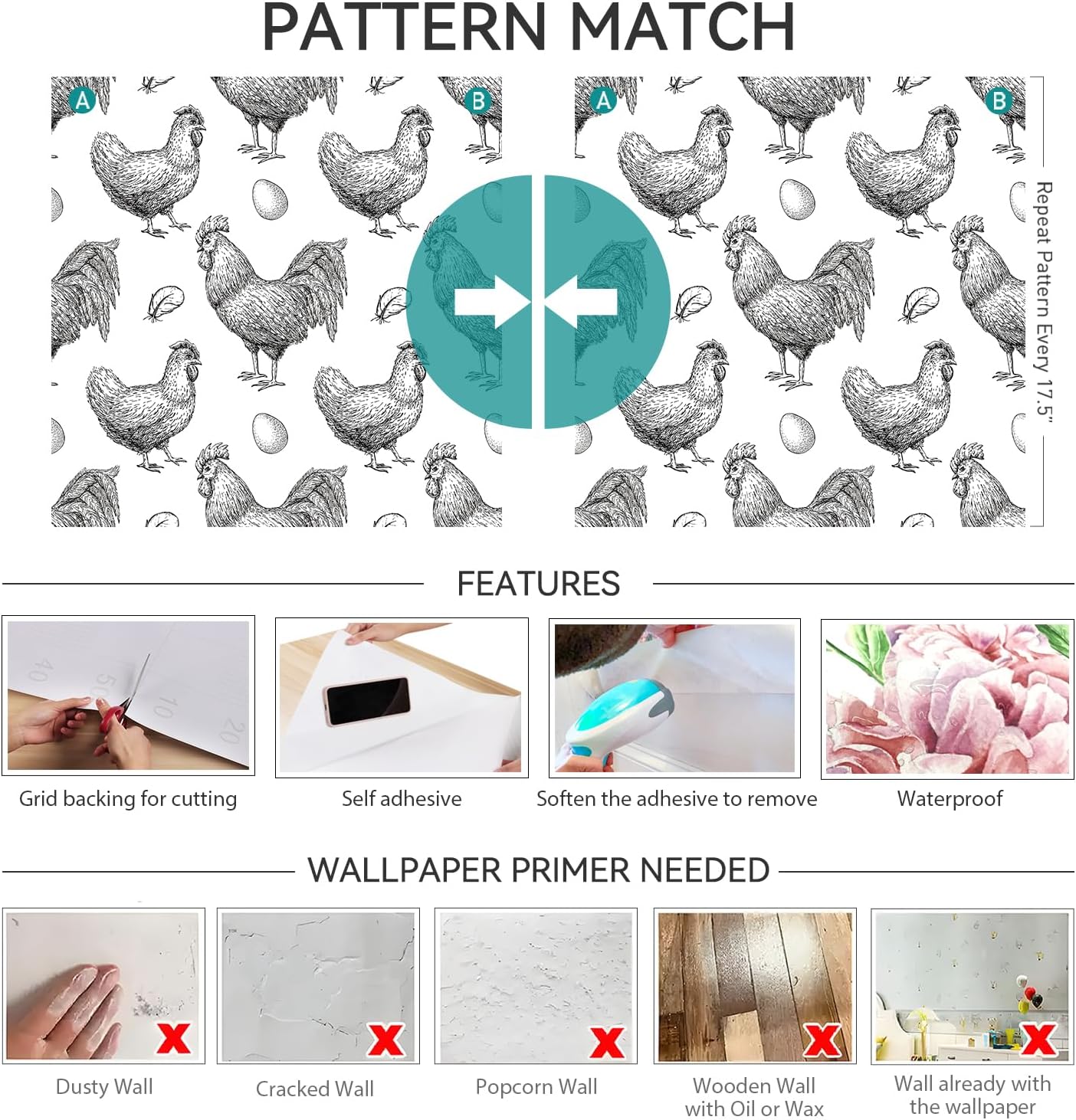 Chicken Wallpaper Black and White Peel and Stick Wallpaper Waterproof Kitchen Modern Farmhouse Wall Paper Self Adhesive Vinyl Cottagecore Vintage Contact Paper Adhesive Coop Rooster 17.5x80