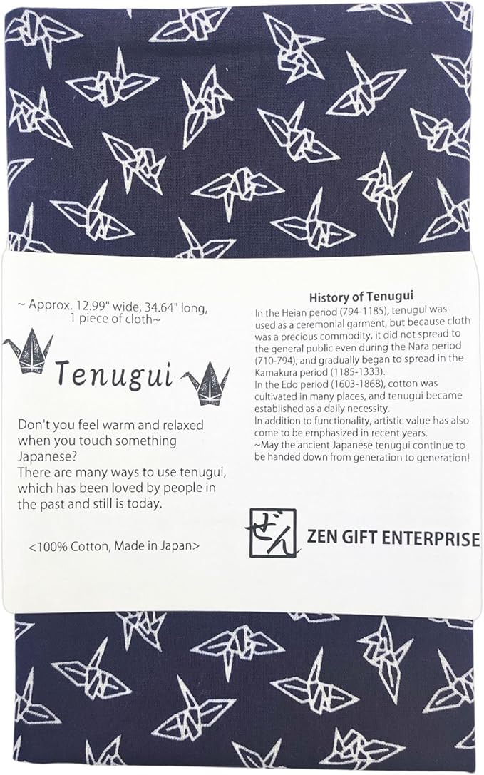 Tenugui Traditional Towel Made in Japan Fray Prevention 100% Cotton Eco Friendly Kitchen Towel Gift Wrapping Orizuru Crane Pattern White on Navy Blue 12.99"x34.64"