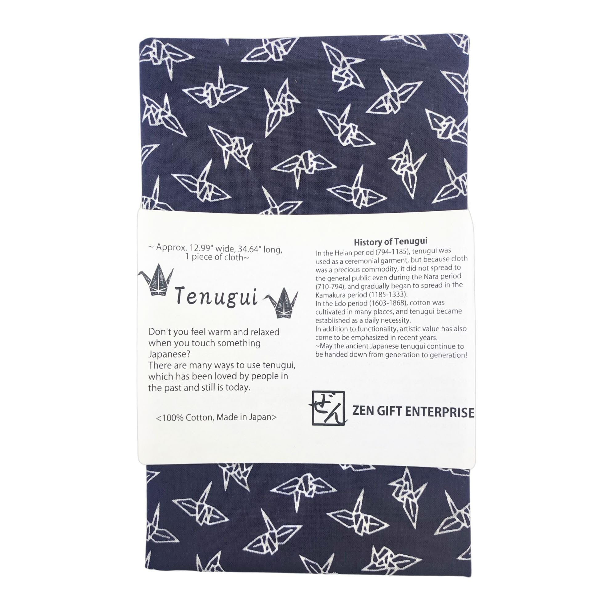 Tenugui Traditional Towel Made in Japan Fray Prevention 100% Cotton Eco Friendly Kitchen Towel Gift Wrapping Orizuru Crane Pattern White on Navy Blue 34.64" L x 12.99" W (88 × 33 cm).