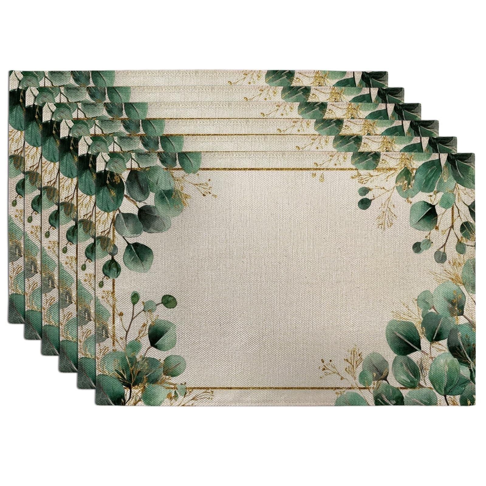 Eucalyptus Leaves Placemats, Green Botanical Table Mats for Dining, Non-Slip Washable Indoor Outdoor Decorative Placemat Set of 6