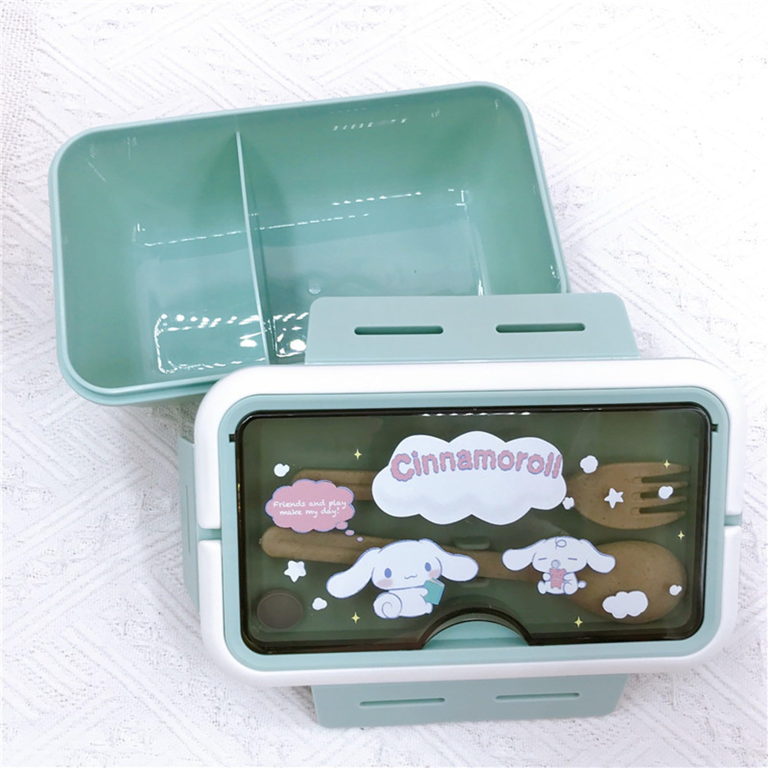 Roffatide Cartoon Cinnamoroll Carino Stampato All-in-One Bento Scatole con Maniglia Kawaii 4-Point Lock Tipo Lunch Box Contenitori per Food Frutta Snack