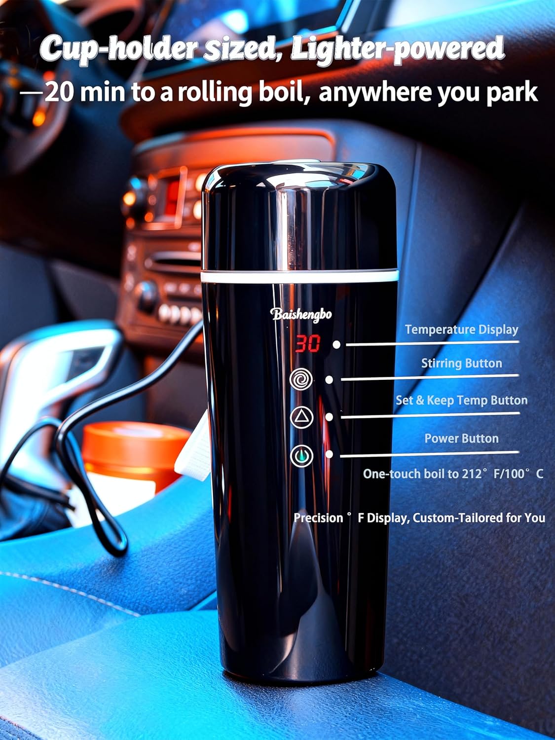 Car Electric Kettle | LED Car Coffee Maker | 12V/24V Car Kettle | 14.2 oz Auto Stir | | IPX7, BPA-Free, Keep-warm 104-194°F, 20-min Boil | Fahrenheit (°F) Display