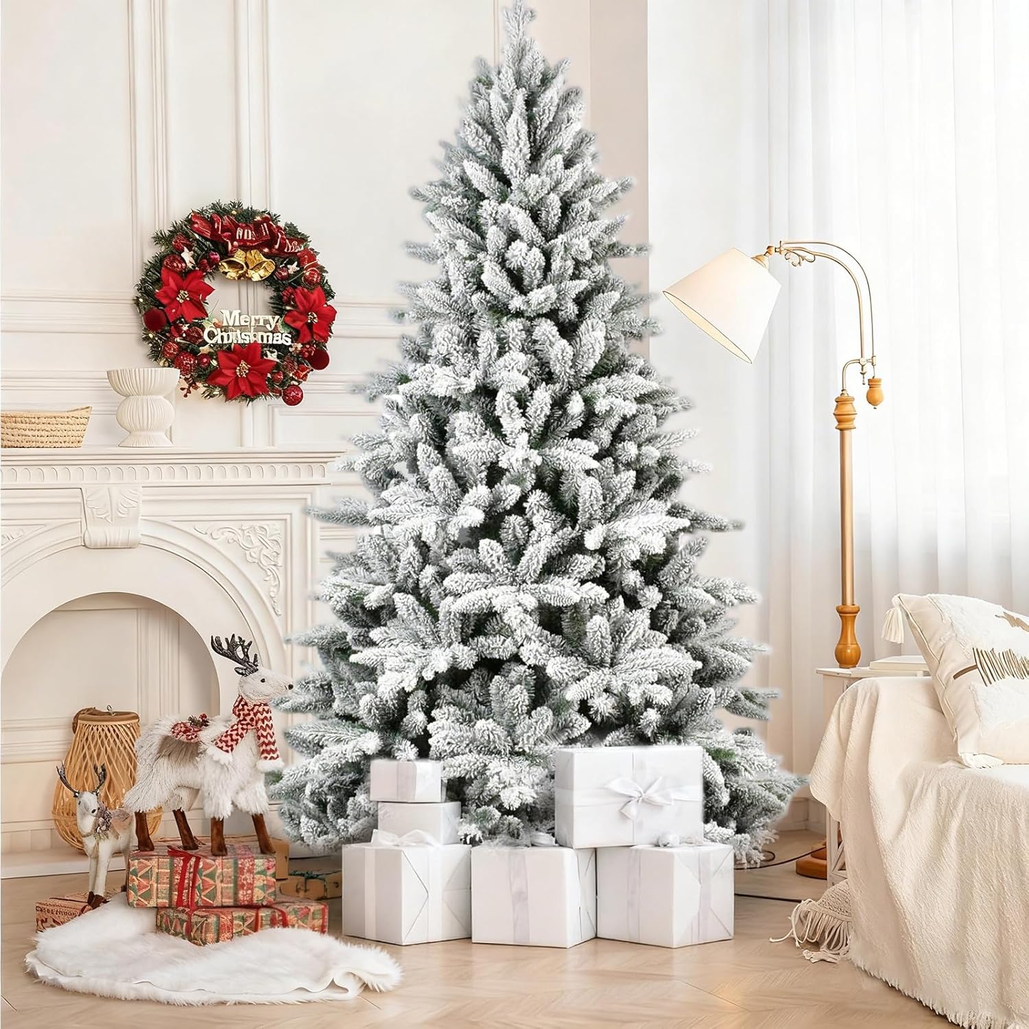 LAMPHOME 7ft Flocked Xmas Tree: PE/PVC Mix, 1514 Lush Branches, 3-Part hinged Structure, Memory Wire, Metal Stand. Green & White Holiday Essential.