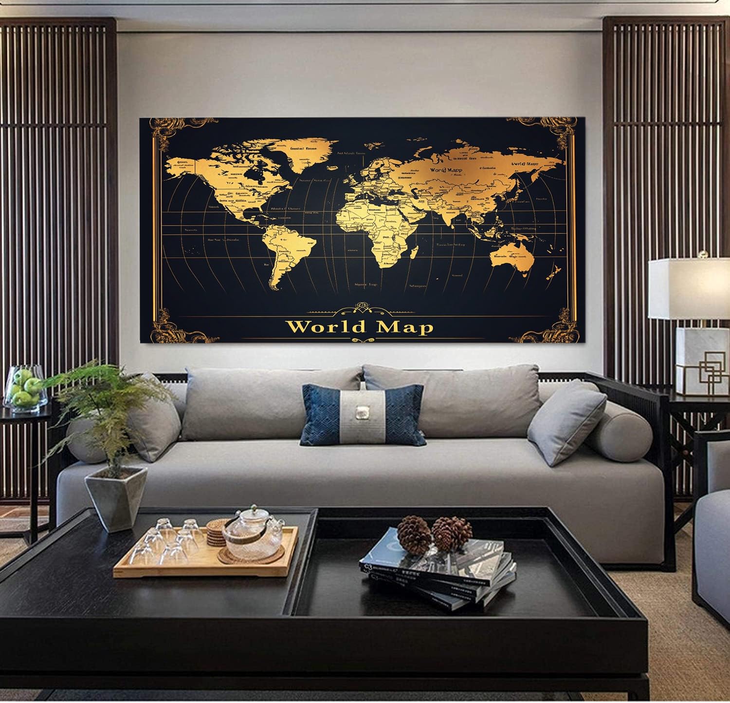 ZORYAN World Map Frameless Large Canvas Wall Art Black Canvas Print Poster for Living Room Wall Art Decor, Pictures for Home Office Restaurant, 80x160cm