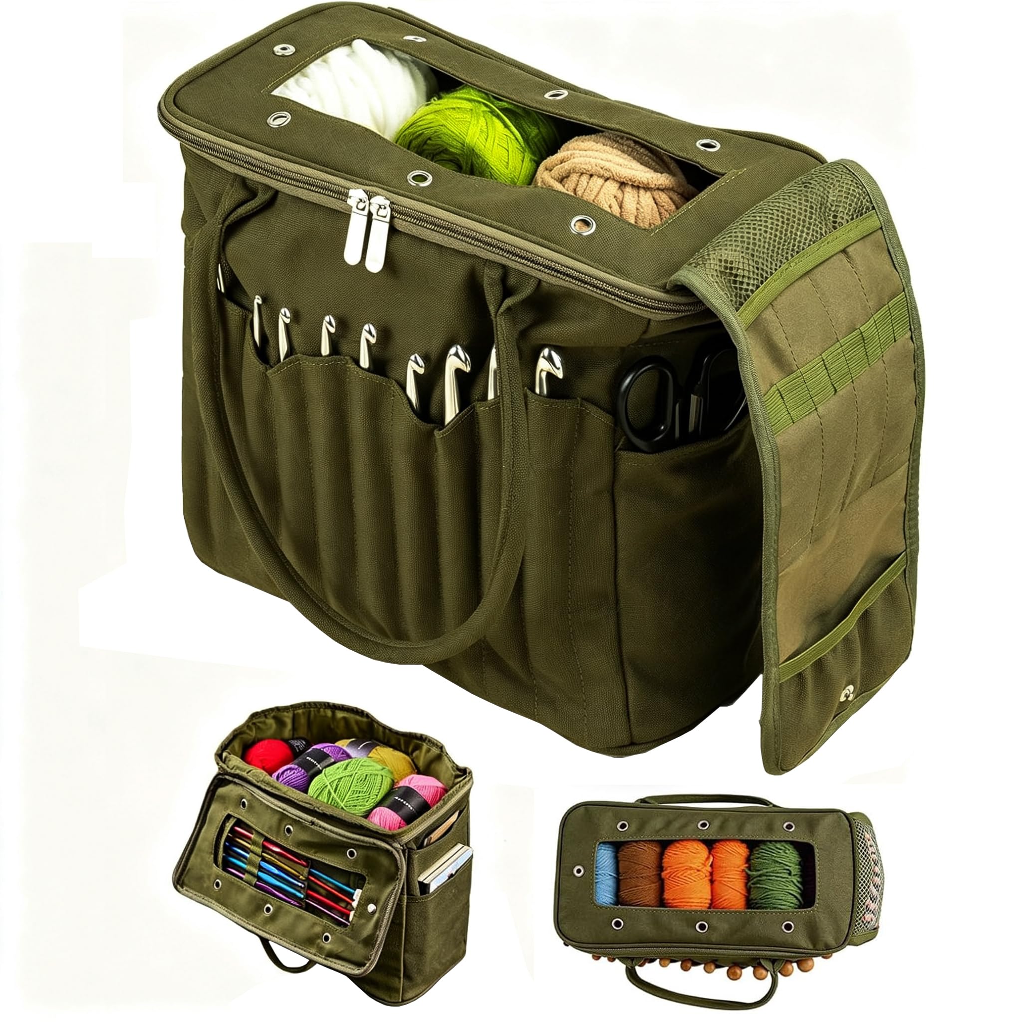 Stricktasche für Garn und Häkeln, Handarbeits-Organizer mit Fächern，Militärgrün