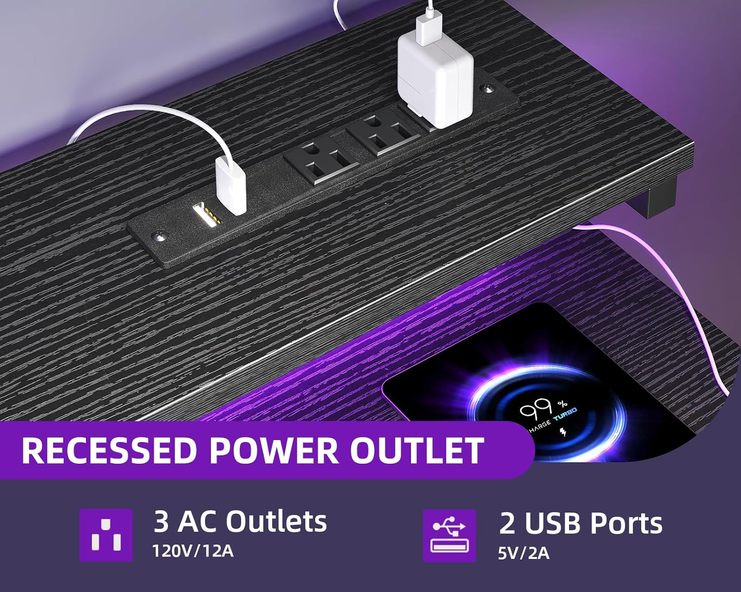 ภาพระยะใกล้ view of the recessed power outlet on the MOTPK Gaming Desk, showing three AC outlets and two USB ports with devices plugged in.