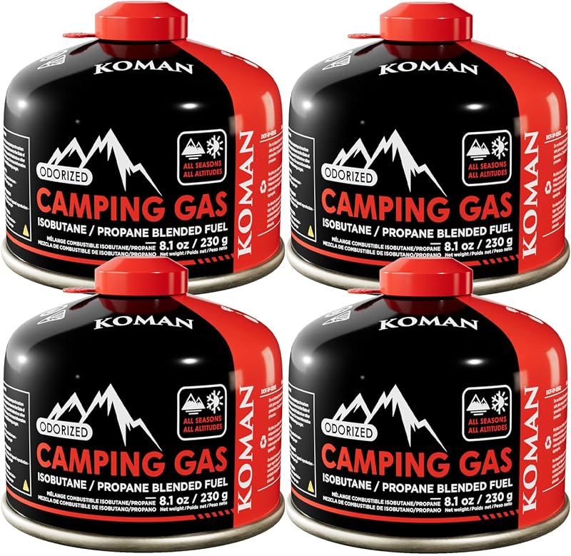 KOMAN Recipiente de combustible de isobutano, 230 gramos, combustible para estufa de camping, mezcla de butano y propano, recipiente de gas para camping, combustible para mochilero, combustible ligero y compacto para acampar (paquete de 4)