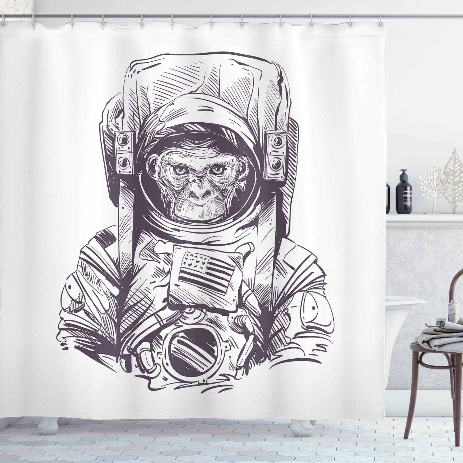 Ambesonne Outer Space Shower Curtain, Monkey Vintage American Spacesuit Wild Gorilla Invasion of Ethereal Zone Universe, Cloth Fabric Bathroom Decor Set with Hooks, 69" W x 75" L, Grey