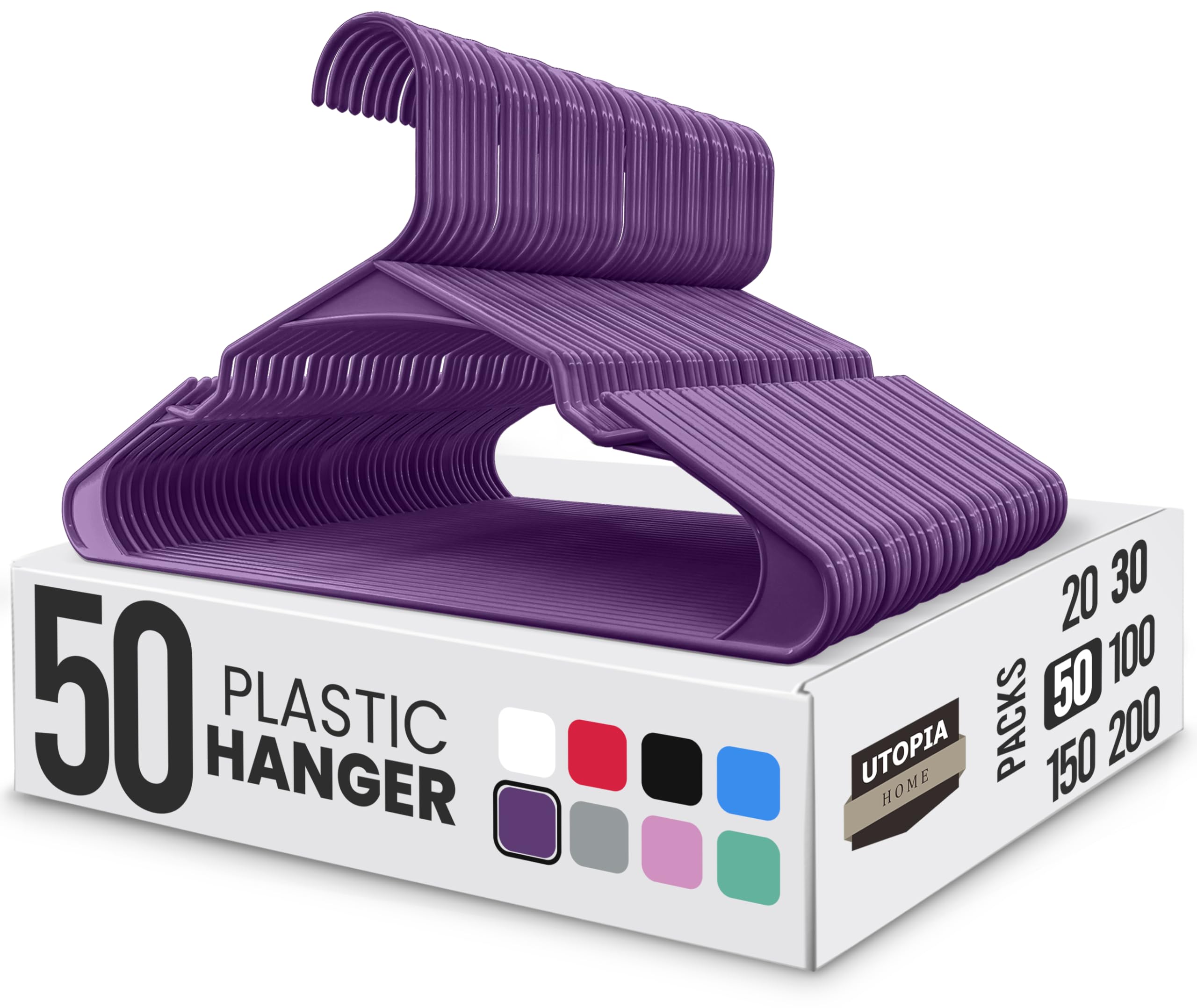 Utopia Home Plastic Hangers 50 Pack - Perfect Space Saving Clothes Hanger - Durable and Strong - Perfect Closet Organizers with Shoulder Grooves (Purple)