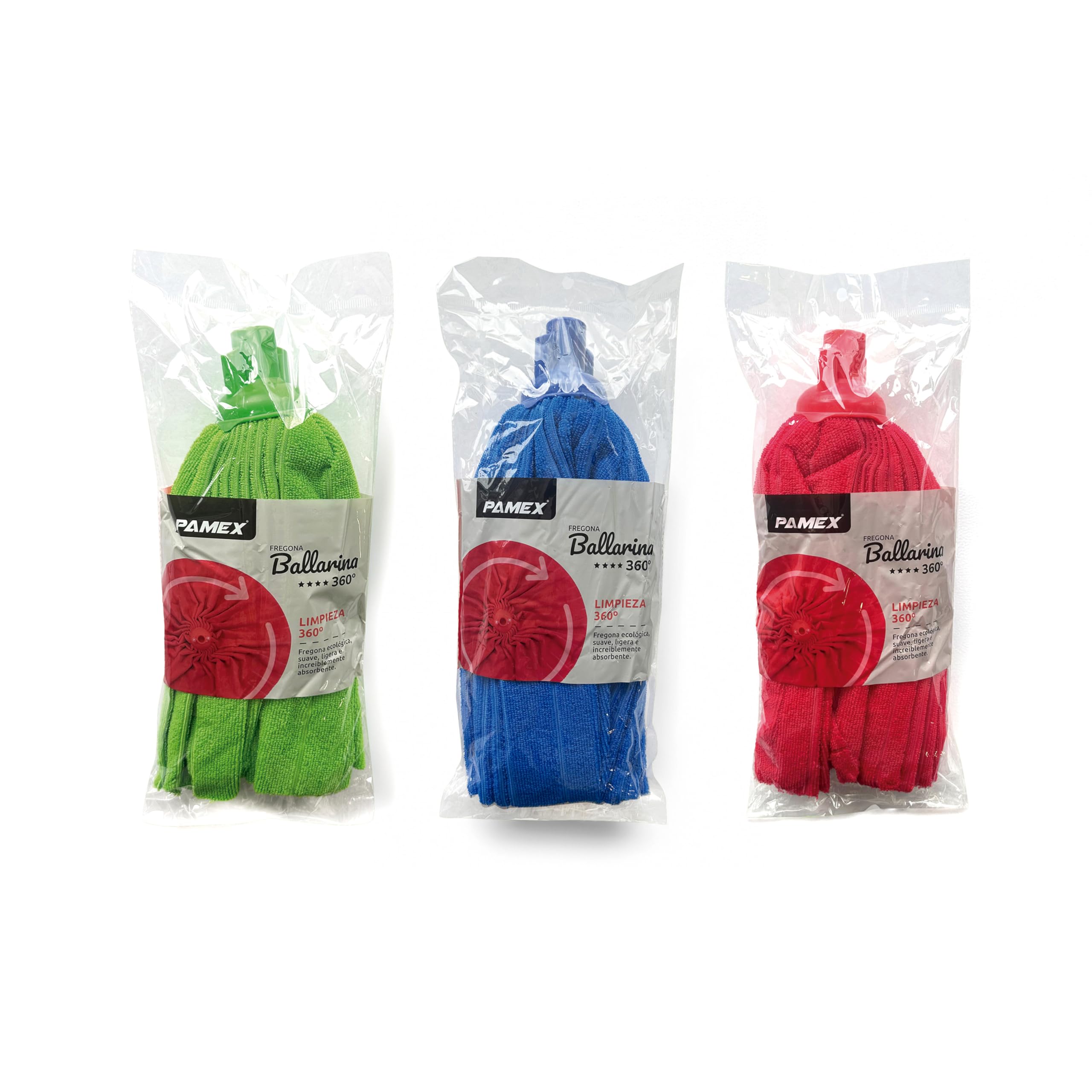 Pamex - Fregona Microfibra Ballarina 360º en Tres Colores Azul, Rojo, Verde Fregona Superabsorbente - Caja de 24 Unidades