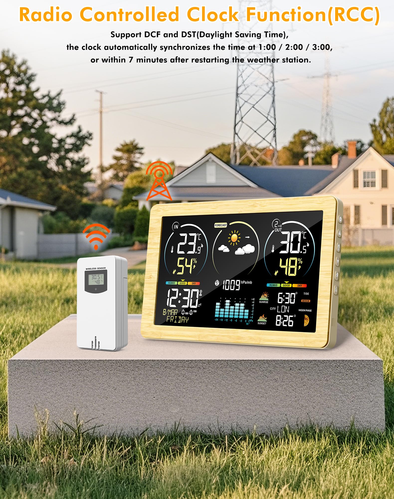 VOKSUN Wetterstation Funk mit Außensensor & Farbdisplay | Wettervorhersage, Innen/Außen-Thermometer & Hygrometer, Luftdruckmessung | Schlummerwecker, Dual-Strom (Batterie/Netzbetrieb) | Khaki