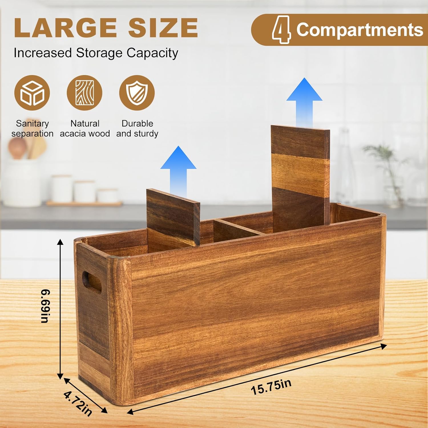 Utensil Holder, Kitchen Utensil Holder, Acacia Wooden Utensil Holder, Kitchen Utensil Holder for Countertop, Extra Large Utensil Holder for Storage Cooking Tools and Silverware with 4 Compartments