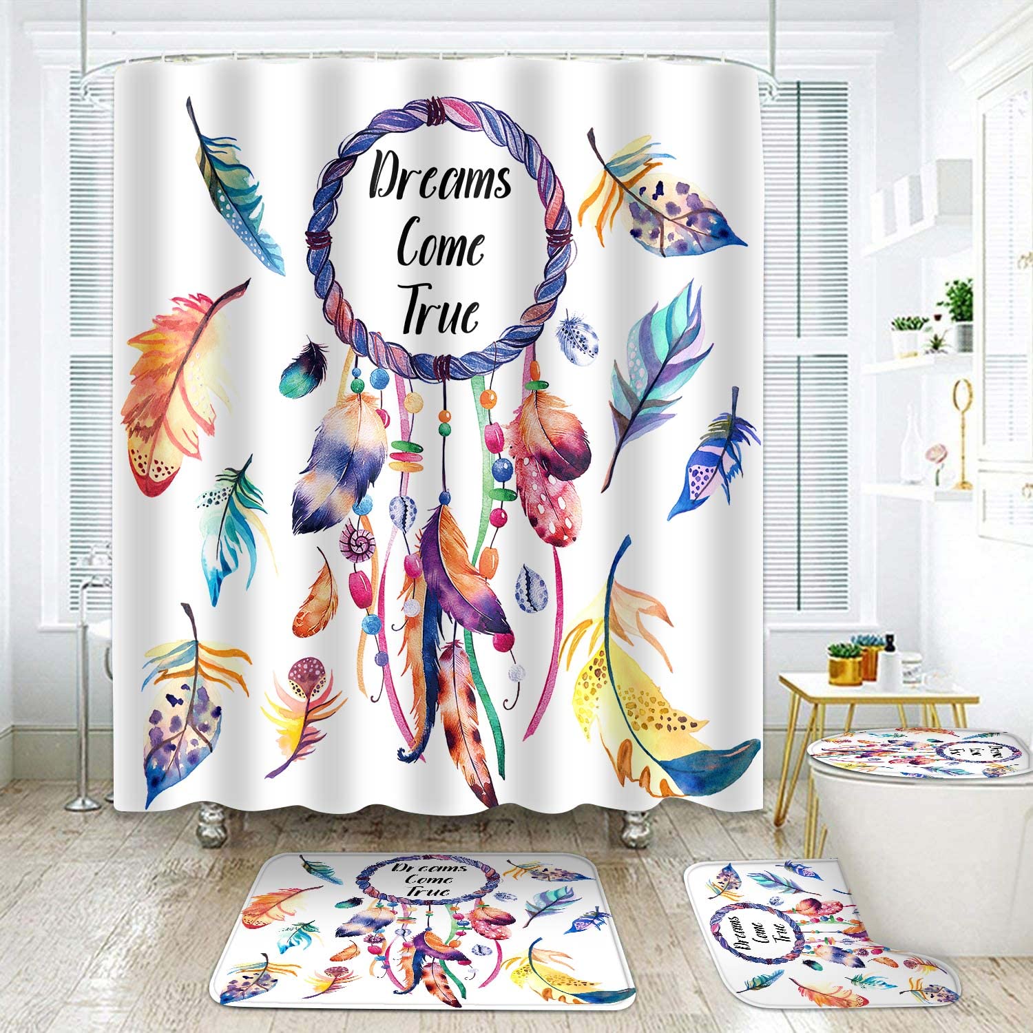 EARVO 4PCS Colorful Dreamcatcher Shower Curtain Sets with Non-Slip Rugs U-Shaped Mat Toilet Lid Cover Feather Ornaments Stylish Bathroom Decor Sets with 12 Hooks 71x72 in SETMYEA92