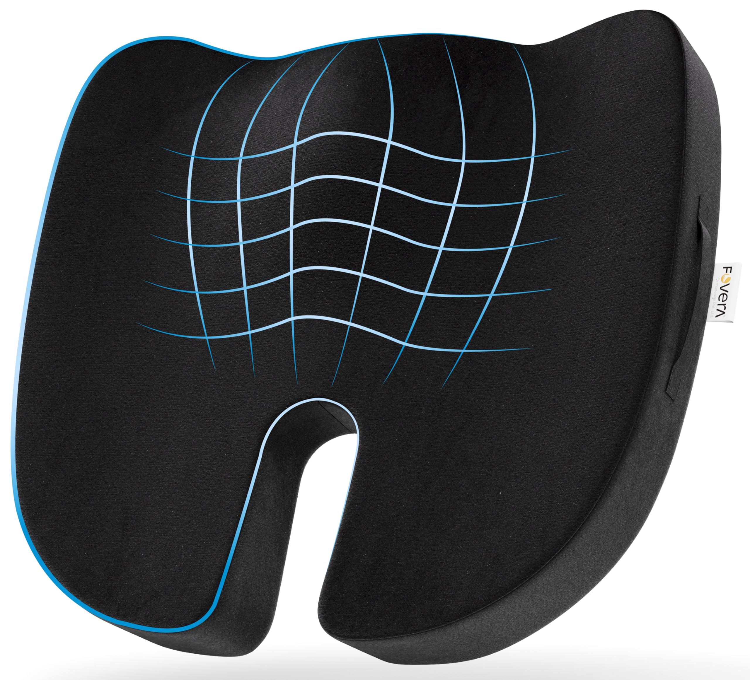 FOVERA Orthopedic Memory Foam Coccyx Seat Cushion for Tailbone, Sciatica - Ergonomic Contoured Cushion for Office/Home Chair and Wheelchair (L - Above 80Kg Wt, Velvet Black)