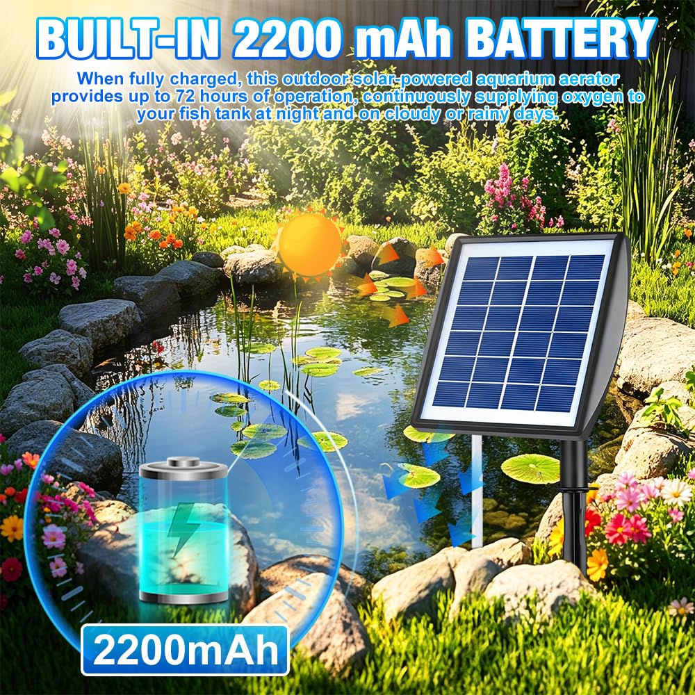 Solar Teichbelüfter, Solar Luftpumpe mit 2 Blasensteinen, IP64 Wasserdichter Sauerstoffgeber für Teich, Aquarium, Hydrokultur, Fischtank, Wasserbrunnen, Garten