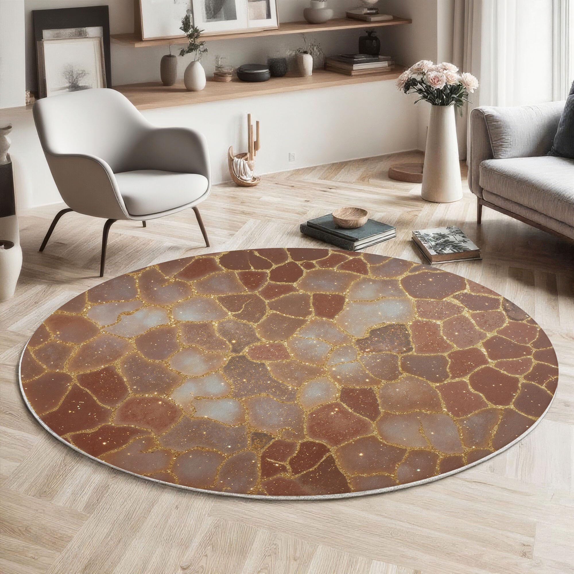 Tapis rond craquelures de feuilles d'or en marbre abstrait de diamètre 60 cm pour salon