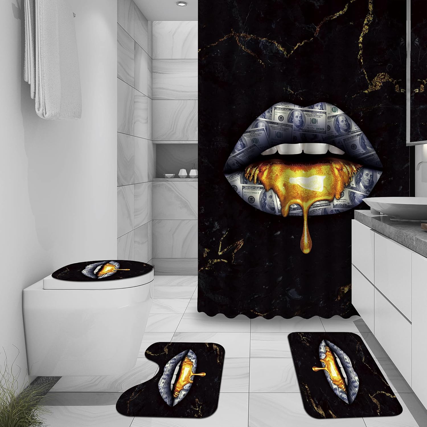 4 Pcs Purple Marble Shower Curtain Sets, Gold Cracked Lines Black Bathroom Decor, Rug Toilet Lid Cover and Non-Slip U Shape Mat, Abstract Modern Luxury Waterproof Shower Curtain with 12 Hooks, 72 x 72