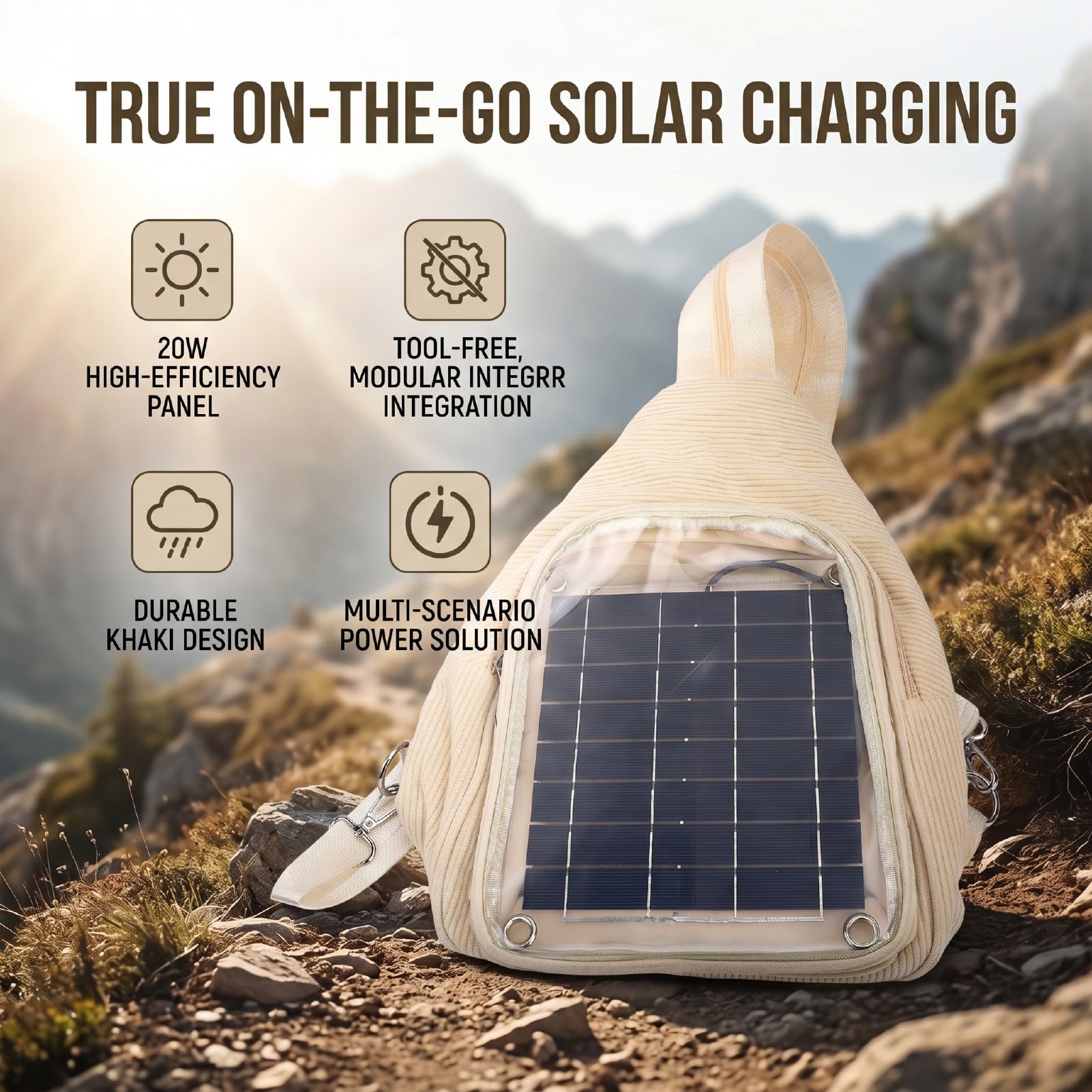 Naroote Zaino con Pannello Solare, Zaino Ad Energia Solare in Silicio Monocristallino Ricarica USB da 20 W, da Viaggio Color Kaki per Viaggi All'aperto Escursionismo Festival