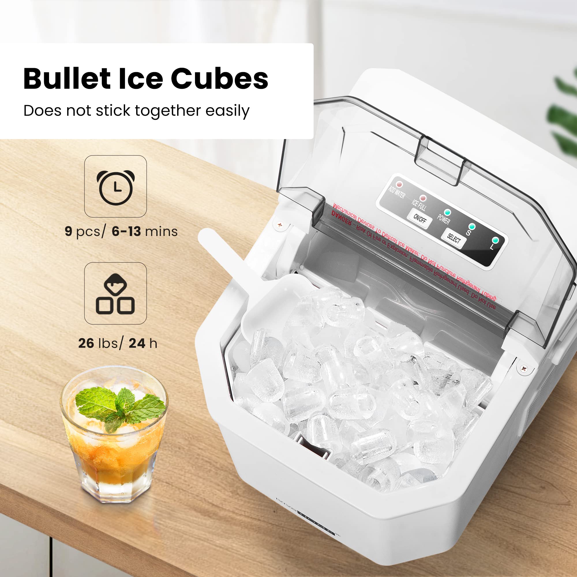 VIVOHOME Electric Portable Compact Countertop Automatic Ice Cube Maker Machine with Handle Hand Scoop 10 Ice Bags and Self Cleaning Function 26.5lbs/Day White on Fridge.com
