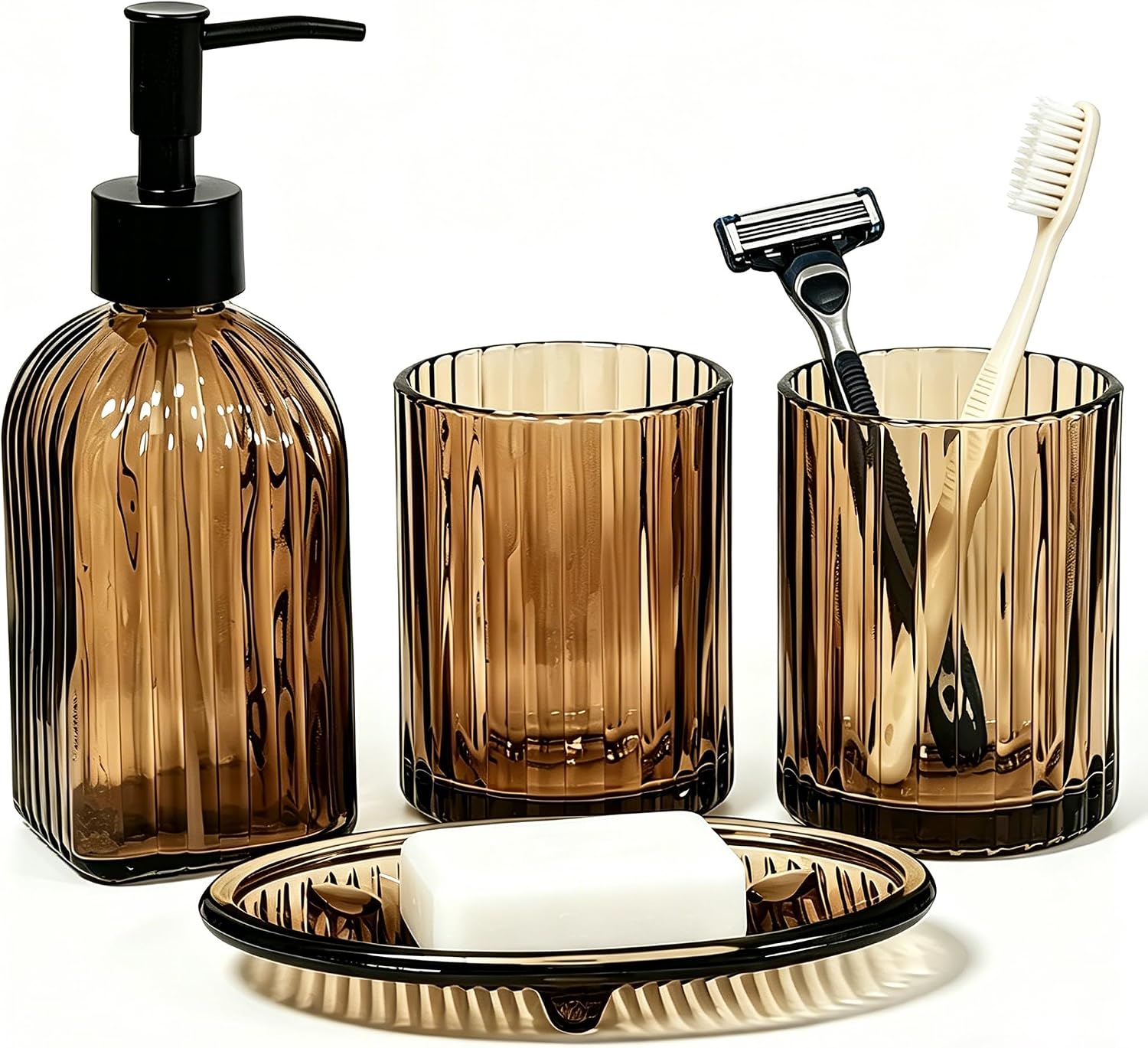 Amber Glass Accessories Set, 4PCS Bathroom Set Include Lotion Soap Dispenser, Toothbrush Holder, Tumbler & Soap Dish, Modern Countertop Vanity Organizer Set for Home &Hotel Decor
