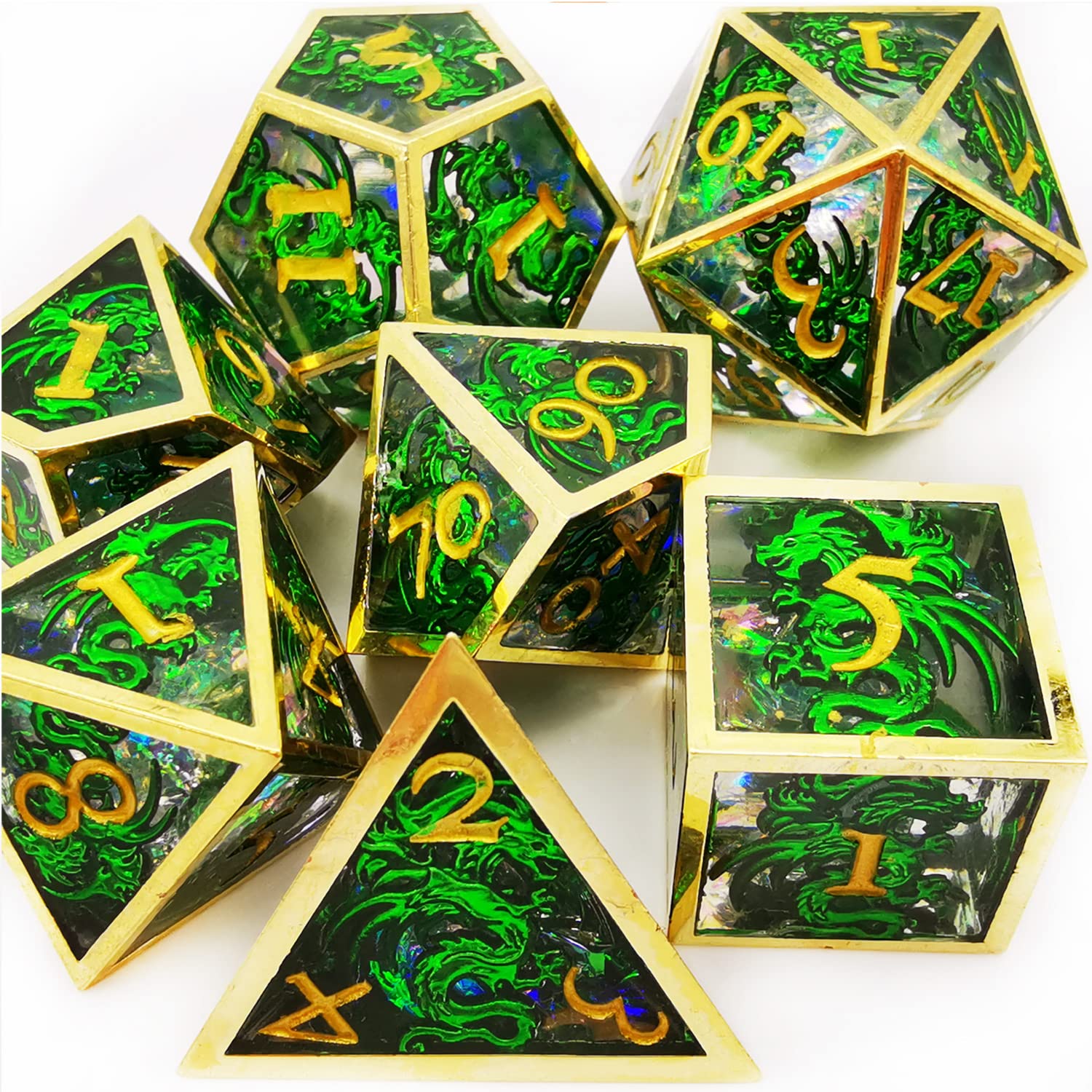HAOMEJA Metal Flash Powder DND Dice Set 7pcs D&D Dice for Dungeons and Dragons Pathfinder RPG Gameplay Dice (Colourful Orange White)