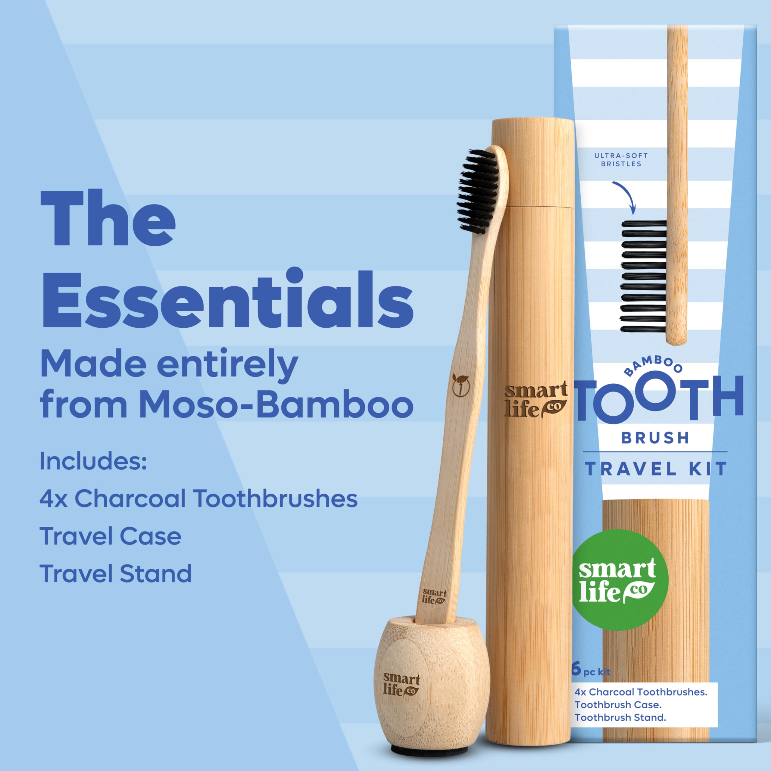 Spazzolini da denti in carbone di bambù (confezione da 4) con custodia da viaggio e supporto, setole extra morbide per adulti e bambini, kit da viaggio biologico senza sprechi, copertura in legno