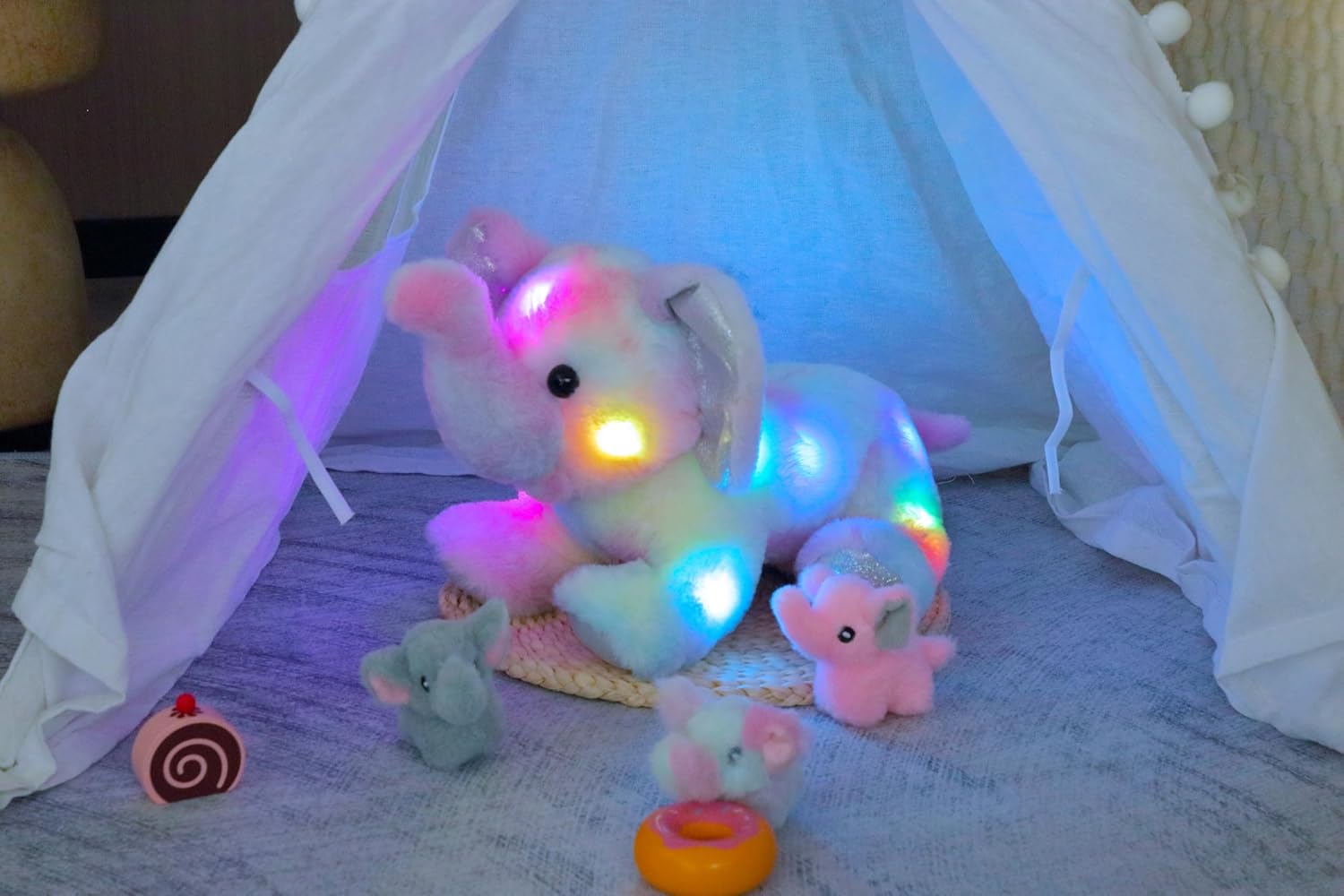 Hopearl LED Plush Colorful Elephant Light up Stuffed Mommy Elephant with 3 Baby Elephish in her Tummy Floppy Stuffed Animal Playset Night Lights Glow in the Dark Birthday Gifts for Toddlers, 18''