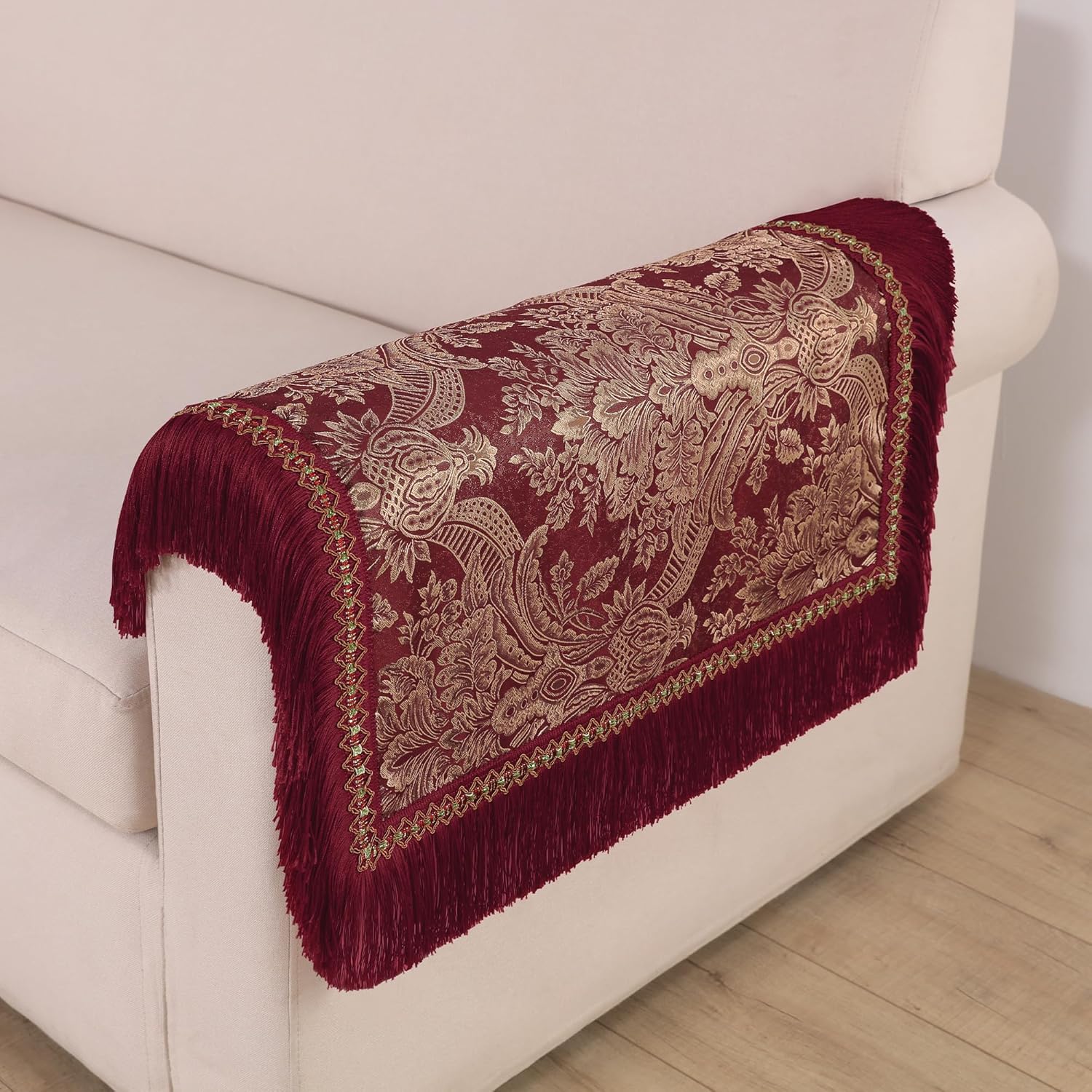 Loom and Mill Luxury Sofa Armrest Covers Set of 2, Classic Damask Thick Chenille Nonslip Couch Arm Cover Furniture Protector with Lace Edge and Tassels for Chair Couch Sofa (Wine Red, 20x24 inch)