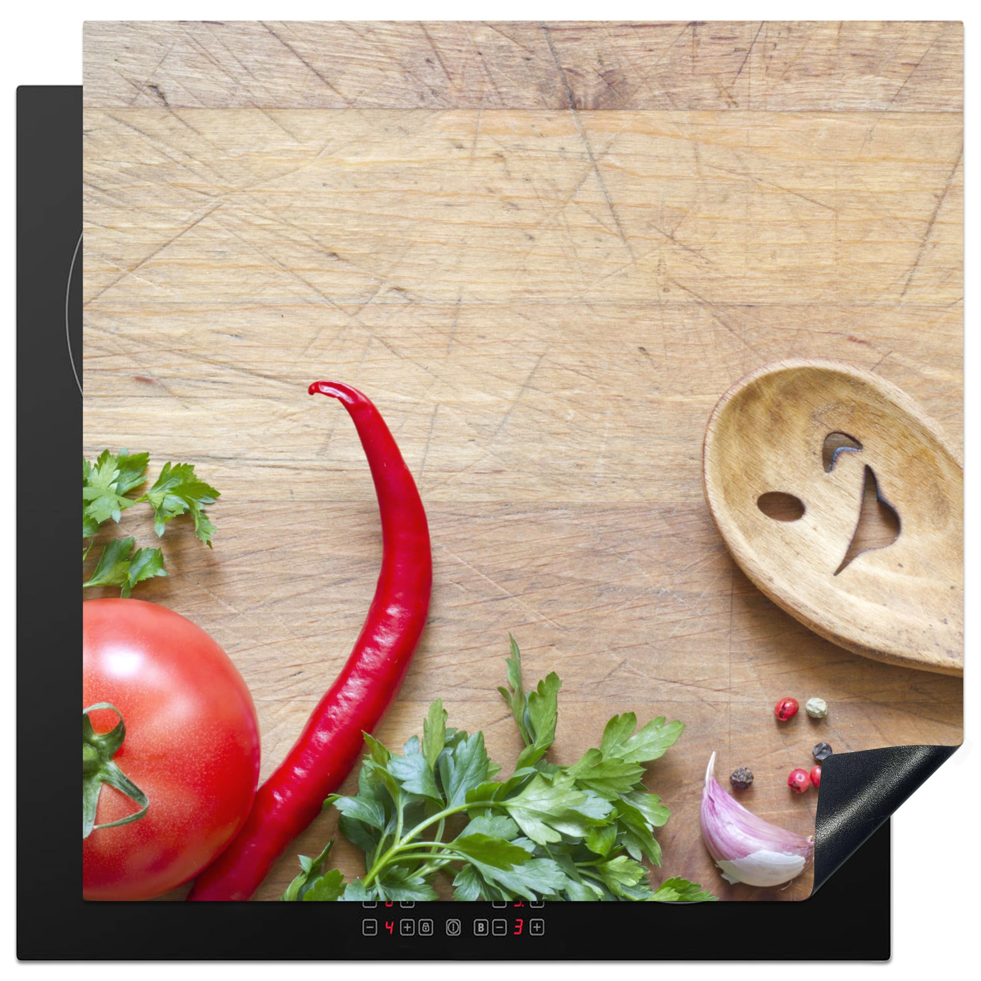 KitchenYeah© Induction Hob Cover Protector Mat 30.7"x30.7" / 78x78 cm Kitchen Universal Ceramic Covers for Electric Cookers Vinyl Vegetable - Wood Texture - Ladle - Smiley - Tomato — image 1