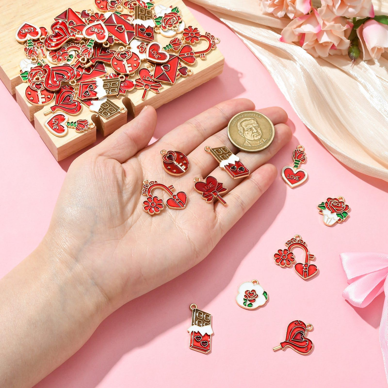 Stiesy 45Pcs 9 Styles Romantic Sweet Enamel Charms Valentine's Day Charms Red Heart Love Envelope Chocolate Flower Charm Pendant Bulk for DIY Date Necklace Bracelet Earring Presents - Image 4