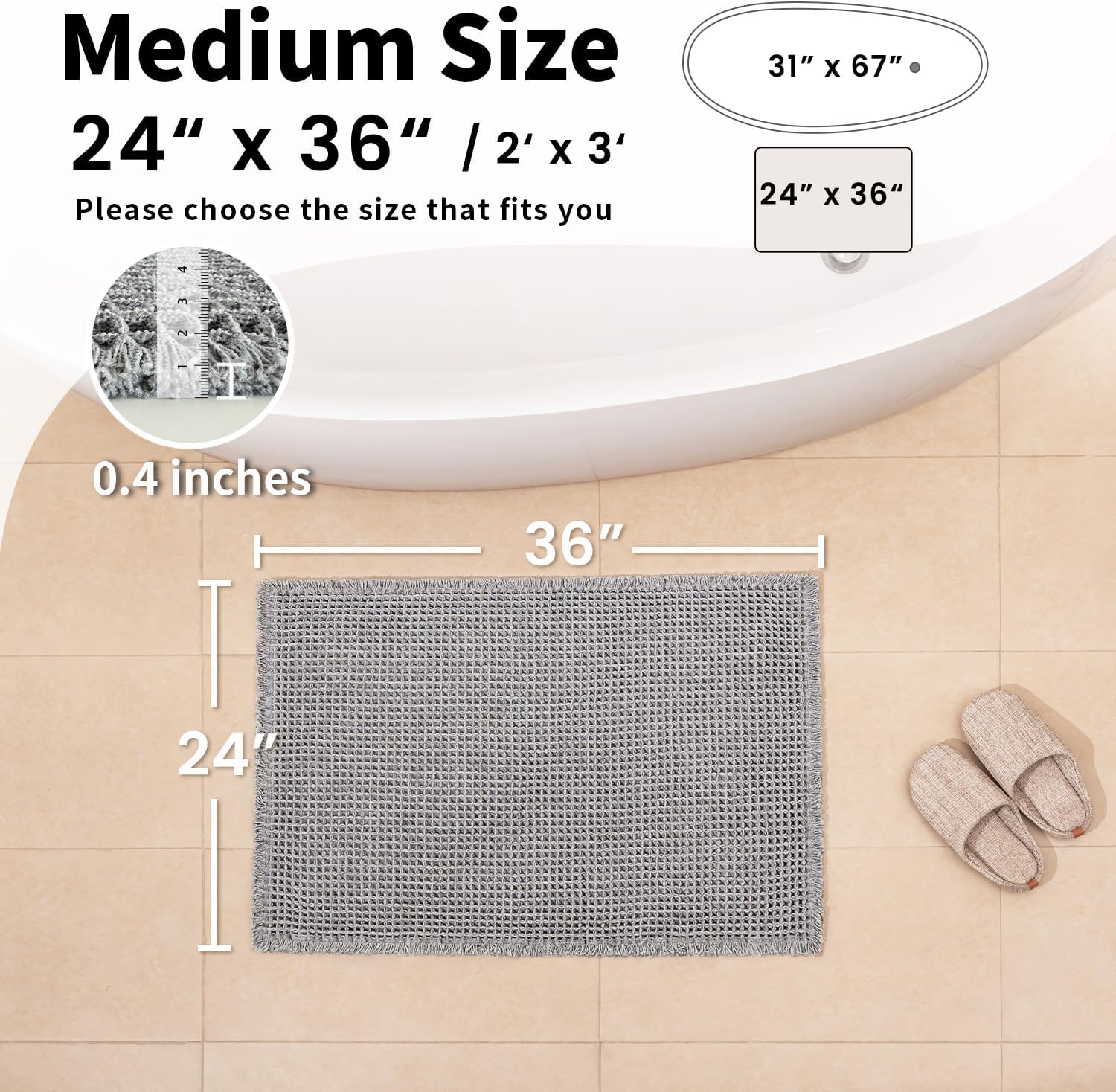 Waffle Bath Mat, Boho Bathroom Rugs Non Slip Washable, 24" x 36" image 2