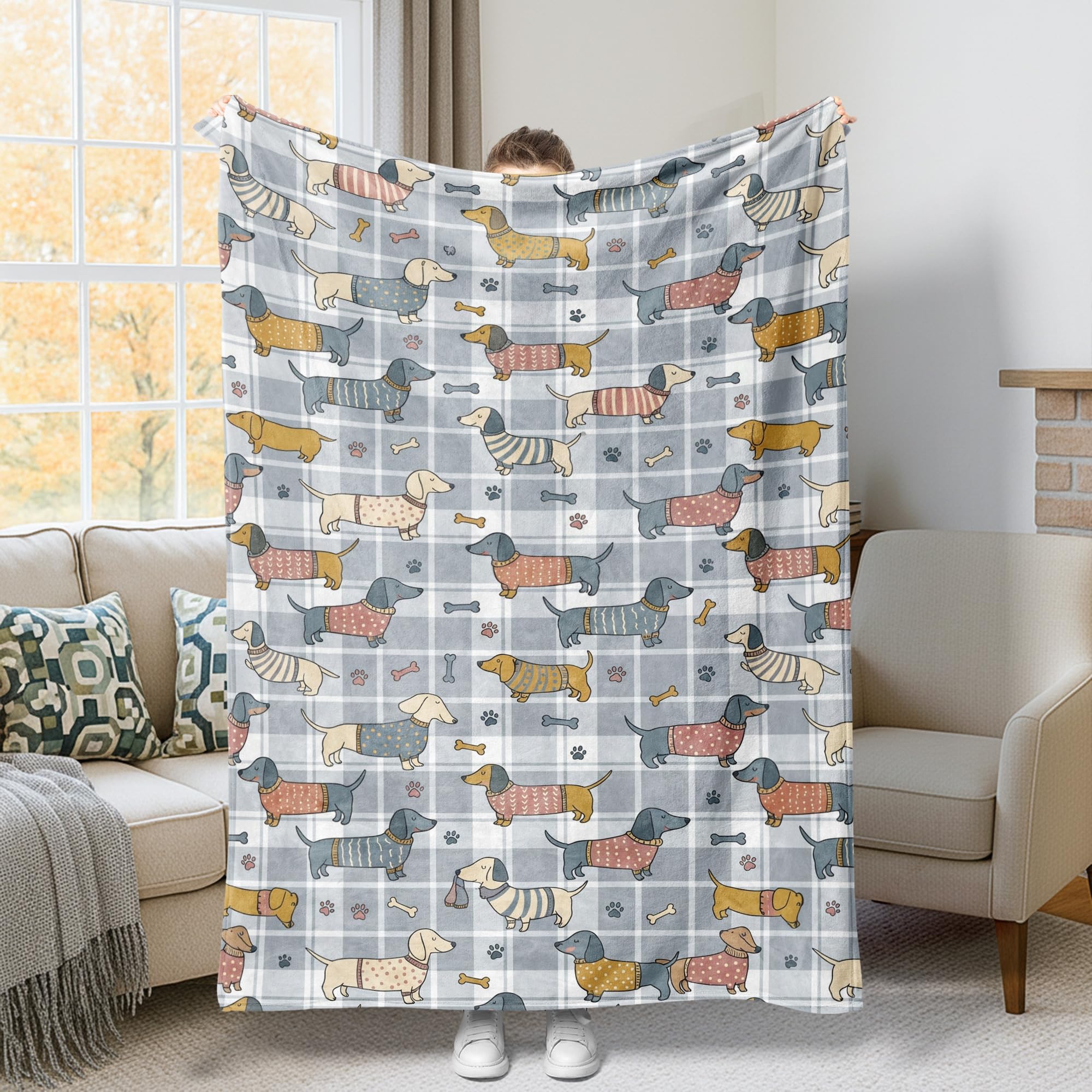 Manta de perro salchicha, divertida y casual con estampado de huellas de hueso, manta de forro polar gris otoñal, suave y acogedora decorativa para sofá, cama, dormitorio, silla, sillón reclinable de