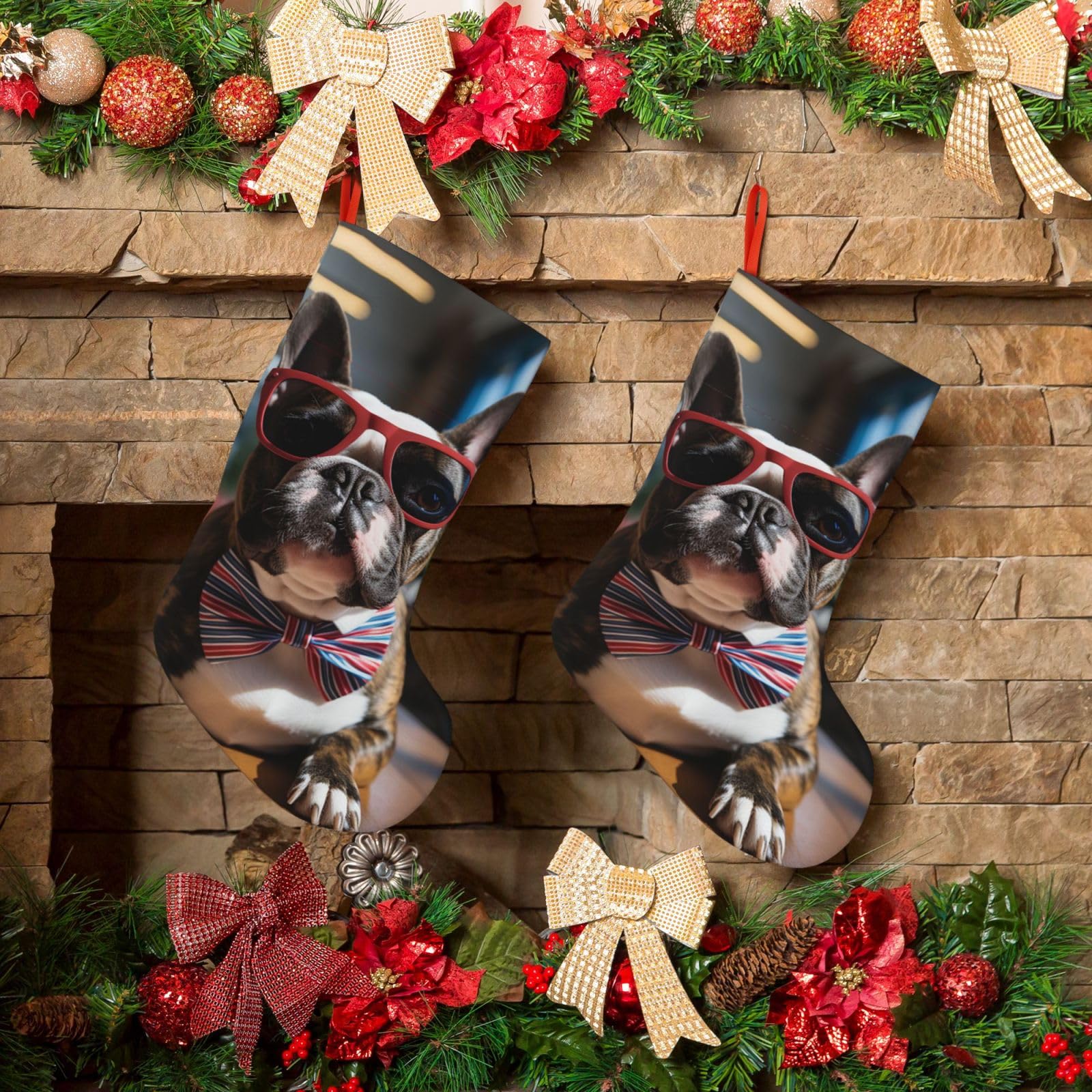 KLOPH Christmas Stockings 18" Personalized Xmas Stocking French Bulldog Wearing Sunglasses Decoration Stockings Hanging Ornaments Fireplace Stocking for Holiday Xmas Tree Christmas Decor