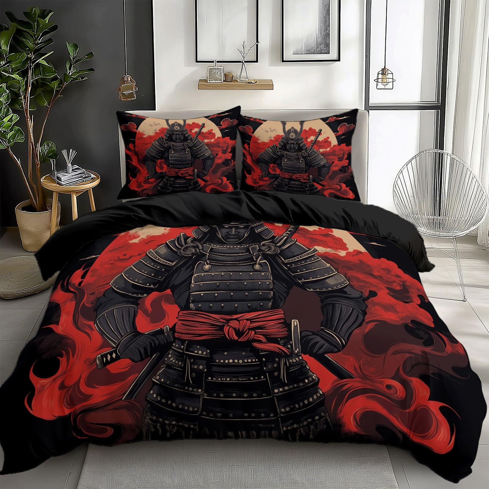 CozyRest Zestaw poszewek na kołdrę dziecięcy japoński samuraj czarny zestaw pościeli 3 szt., miękka wygodna dwustronna poszewka na kołdrę oddychająca pościel zestawy pościeli z poszewkami na poduszki,