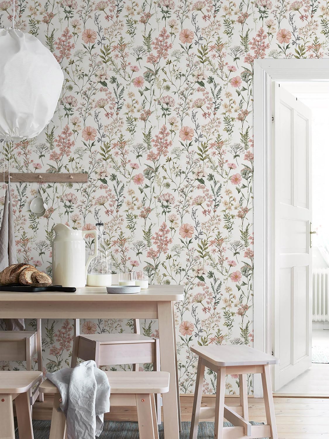 Orainege Pink Floral Peel and Stick Wallpaper Removable Self Adhesive Wallpaper 16.9inx118.1in Modern Wall Paper for Bedroom Bathroom Green Leaf Contact Paper for Cabinets