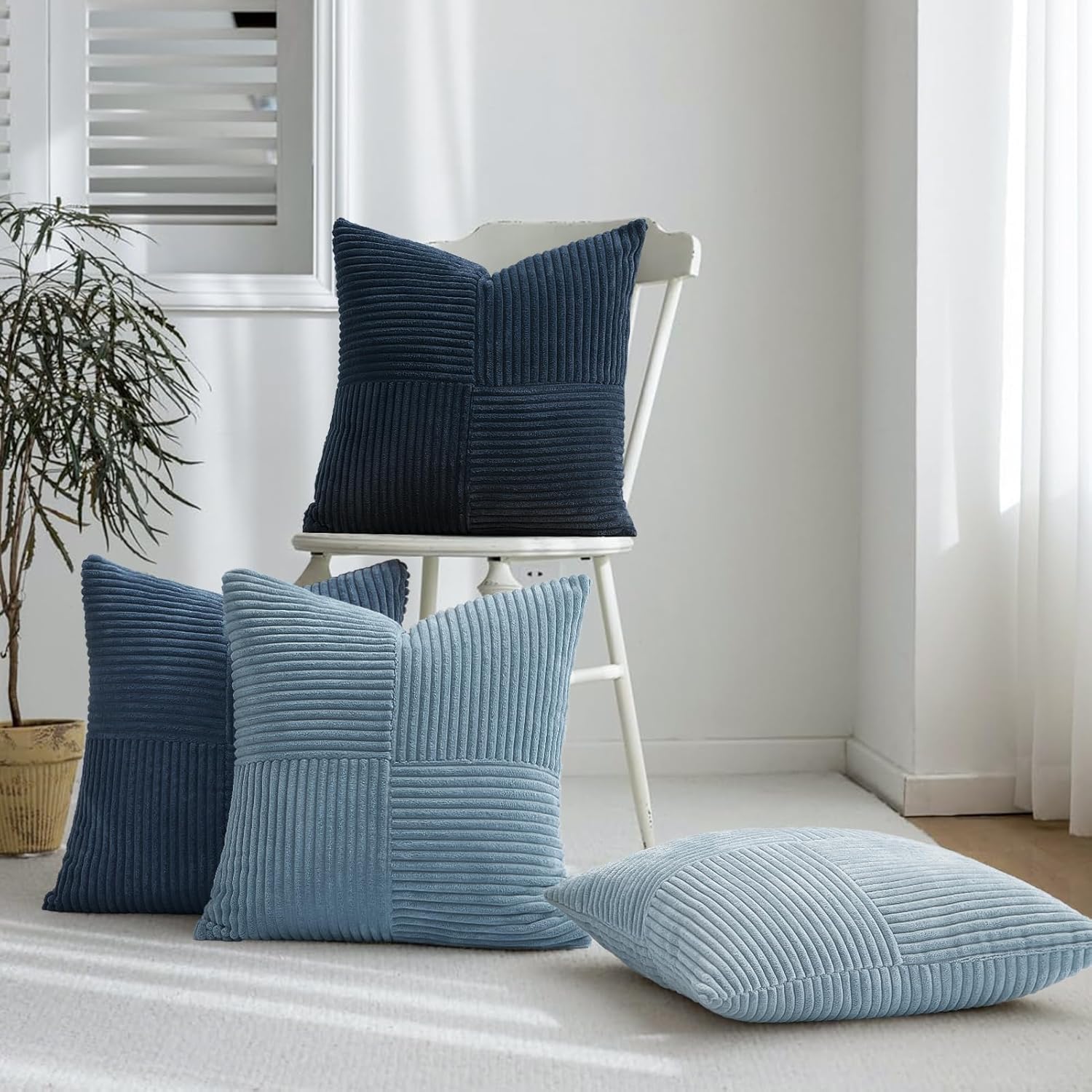 Topfinel NavyBlue Decorative Throw Pillow Covers,20x20 Pillow Covers Set of 4 with Striped Corduroy,Boho Soft Accent Cushion Covers for Couch,Bed,Living Room Home Decor