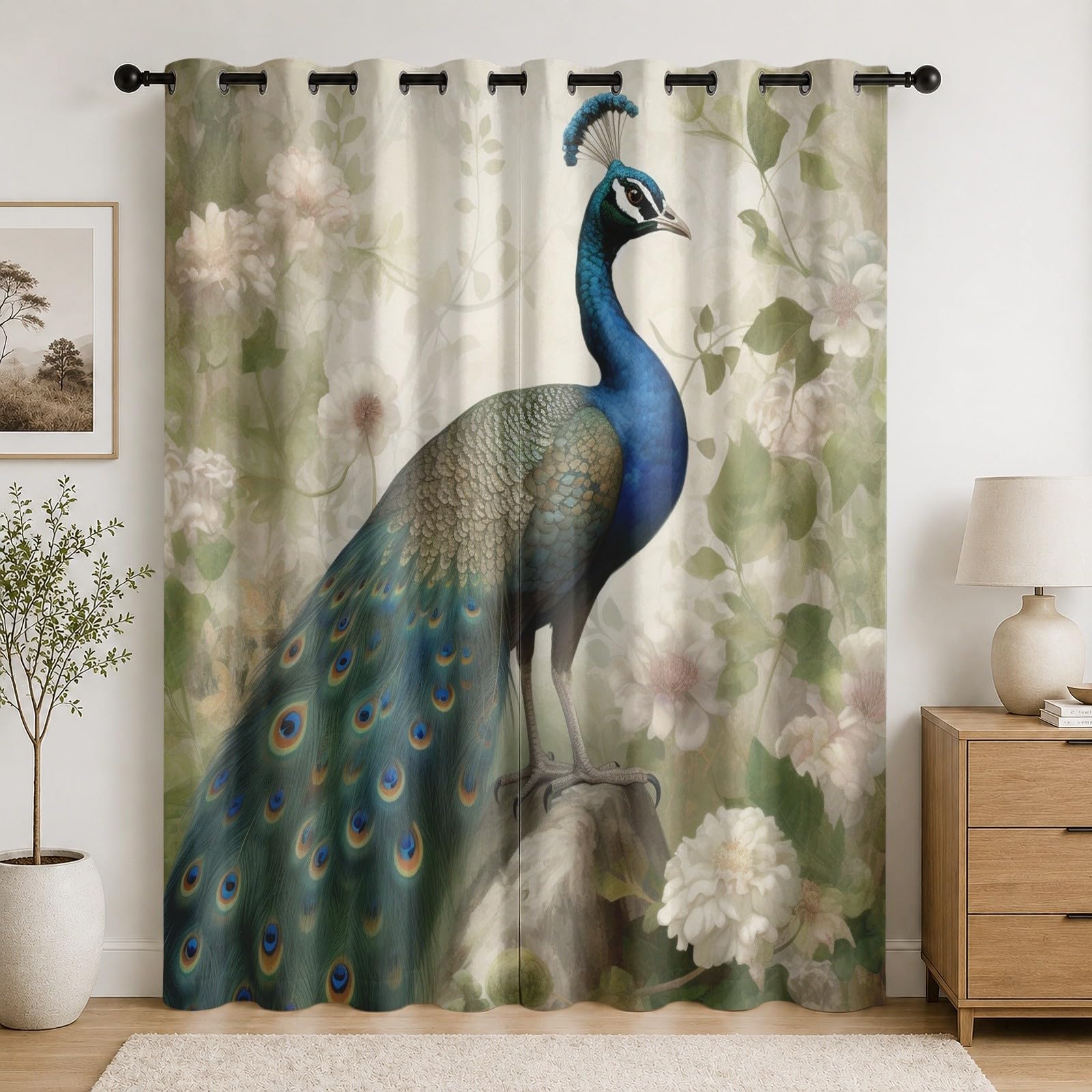 Draperies opaques rideau vert pour salon occultants thermiques avec œillets motif paon 166cm