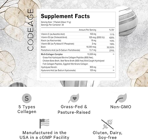 Miniatura 2 de Codeage Multi colágeno y biotina 10,000 mcg + vitamina C, B6 y D3, queratina, ácido hialurónico, niacina, 18 aminoácidos - Suplemento de paquetes de