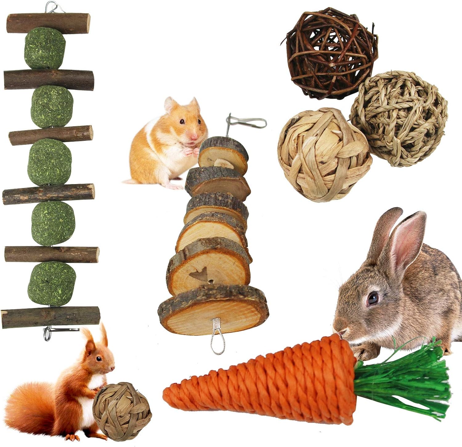 Hamnor Rabbit Chew Toys, Bunny Chew Toys, Small Animal Chew Toys, Natural Apple Wood Balls Pet Chew Toy Set for Rabbits, Chinchillas,…
