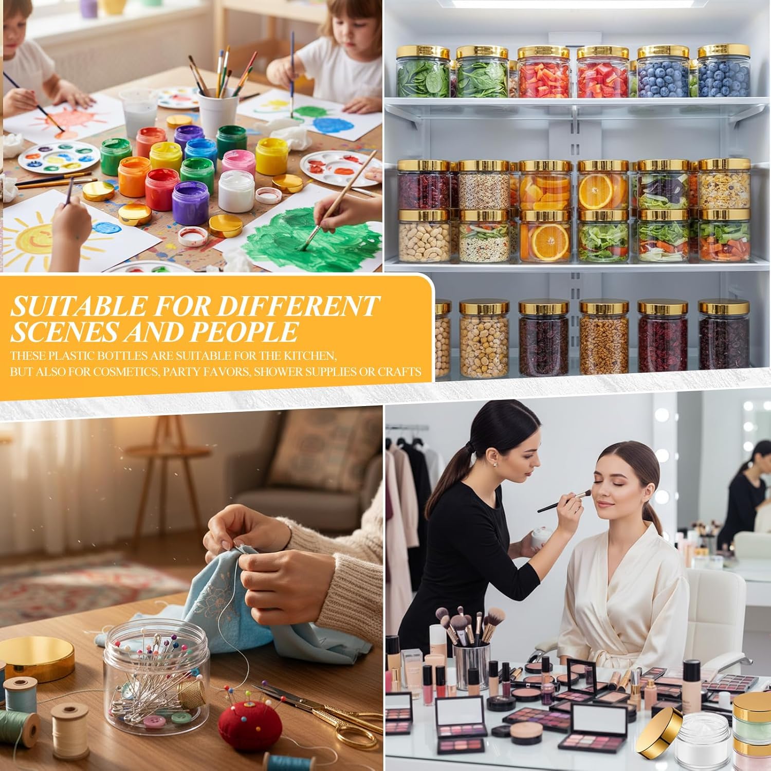 Patelai 48 Pack 6 oz Clear Plastic Jars with Gold Lids Empty Containers Round Clear Plastic Jars Wide-mouth Refillable Storage Organizers for Cosmetics Lotions Butters Slime Making and Food Storage