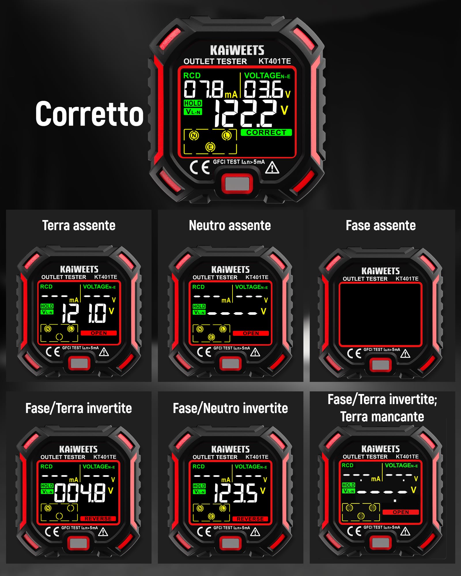 KAIWEETS Tester per prese con test RCD e display LCD della tensione, indicatore di tensione, 7 test di cablaggio, misurazione della tensione di dispersione, tester per prese 200-250 V, CAT II 300 V