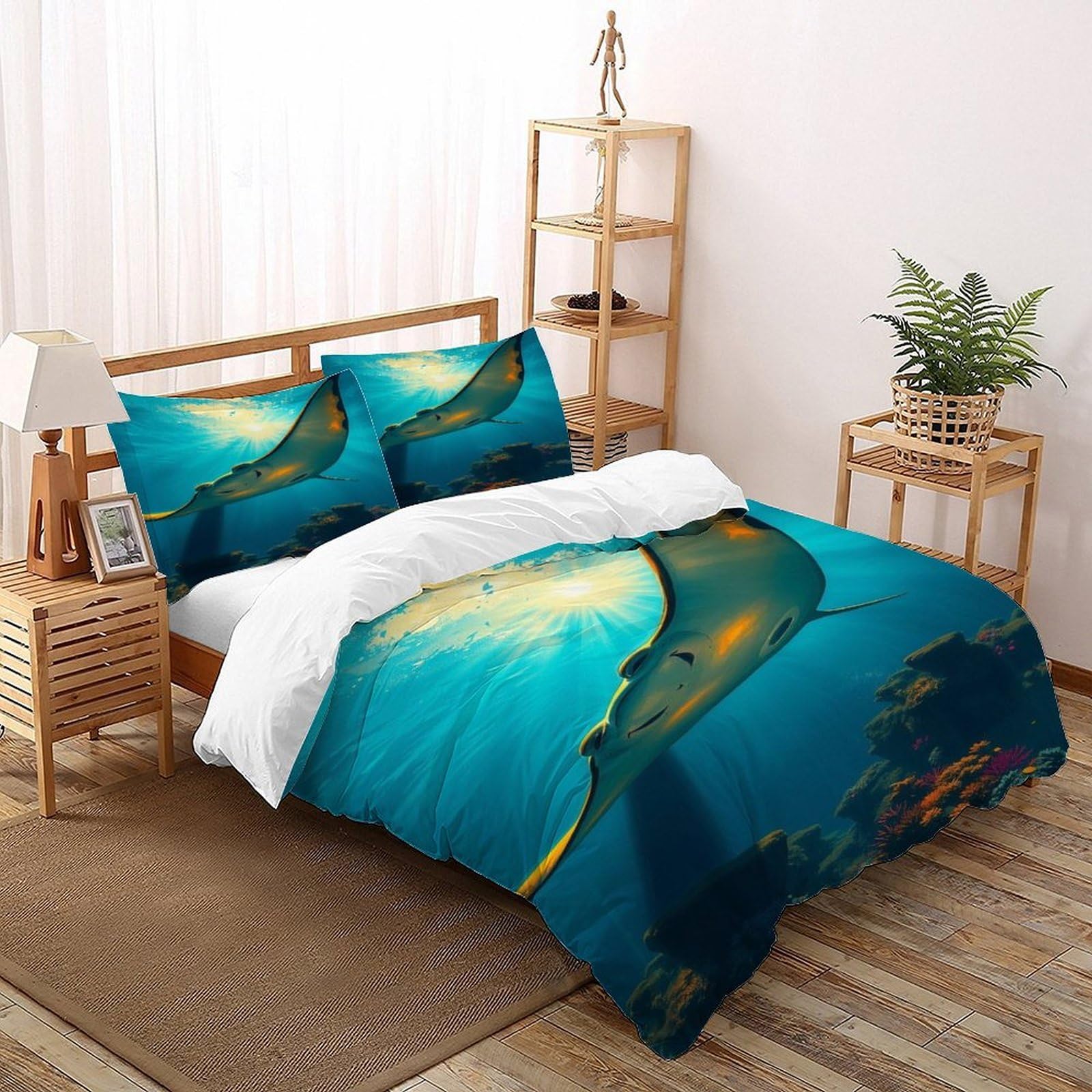 Housse de couette microfibre douce et confortable motif raie manta imprimé haute définition 3 pièces