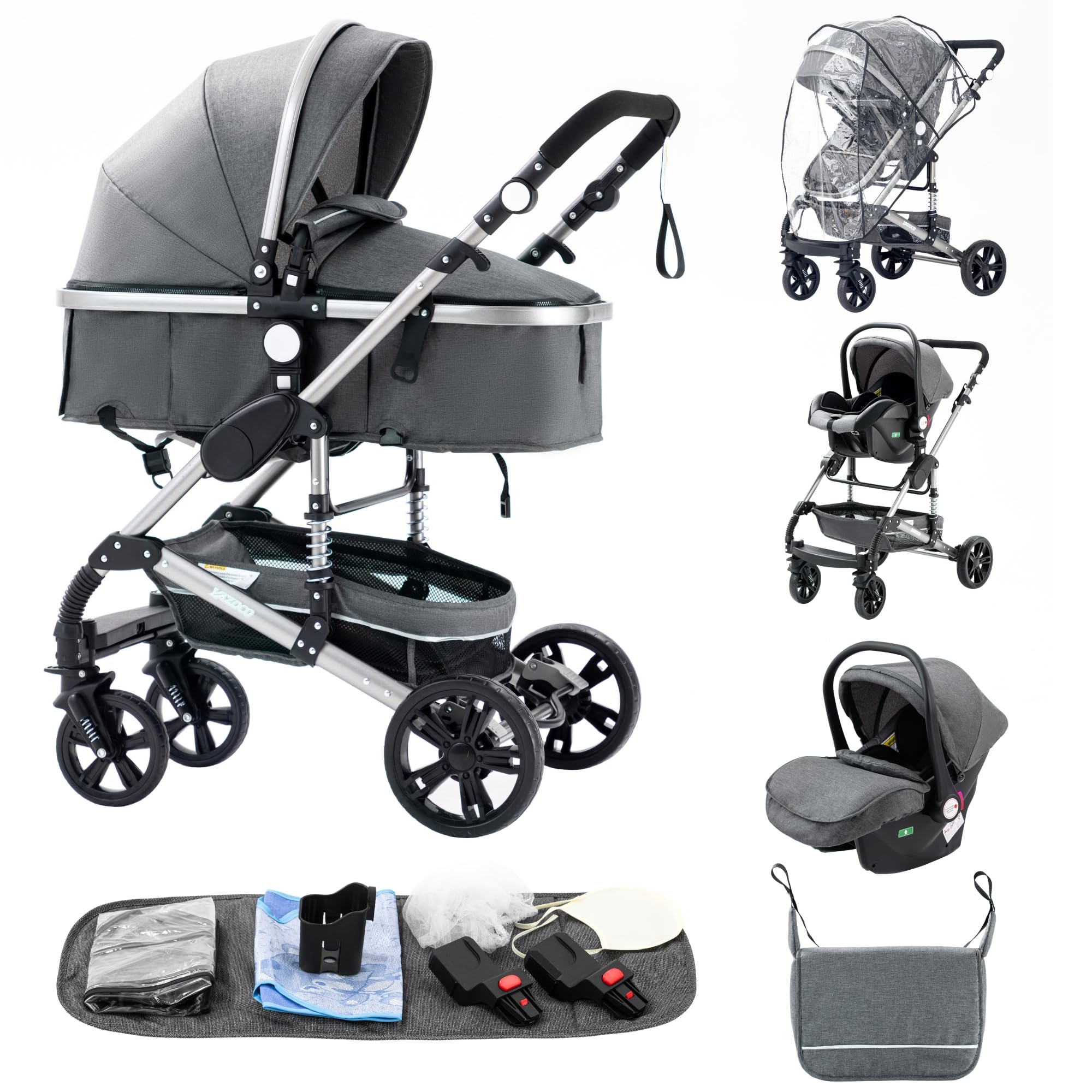 ALYIKOU3 in 1 Kinderwagen Komplettset | Kombikinderwagen Set inkl. Babywanne Buggy Sportsitz Fußsack | Vollgummireifen Wickeltasche Regenschutz (3 in 1 739 Grau)