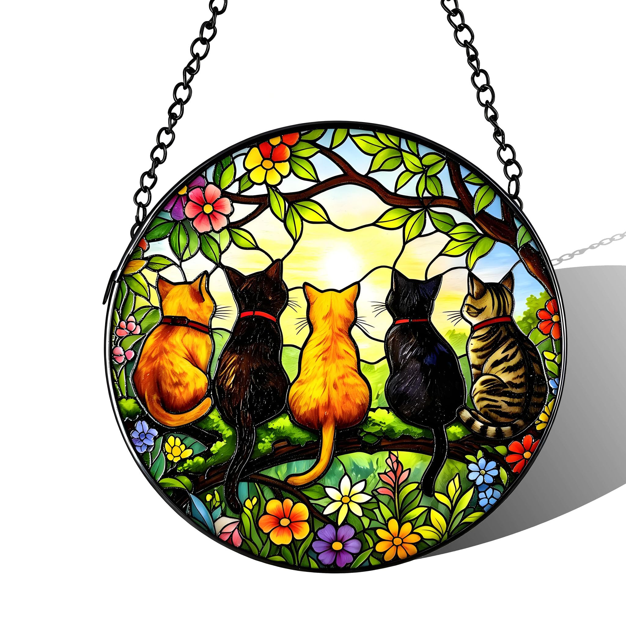 Stained Acrylic Puzzle Suncatcher,7.4in 5 Cats Printed Hanging Ornament,Whimsical Home Backyard Patio Porch Decor Gift