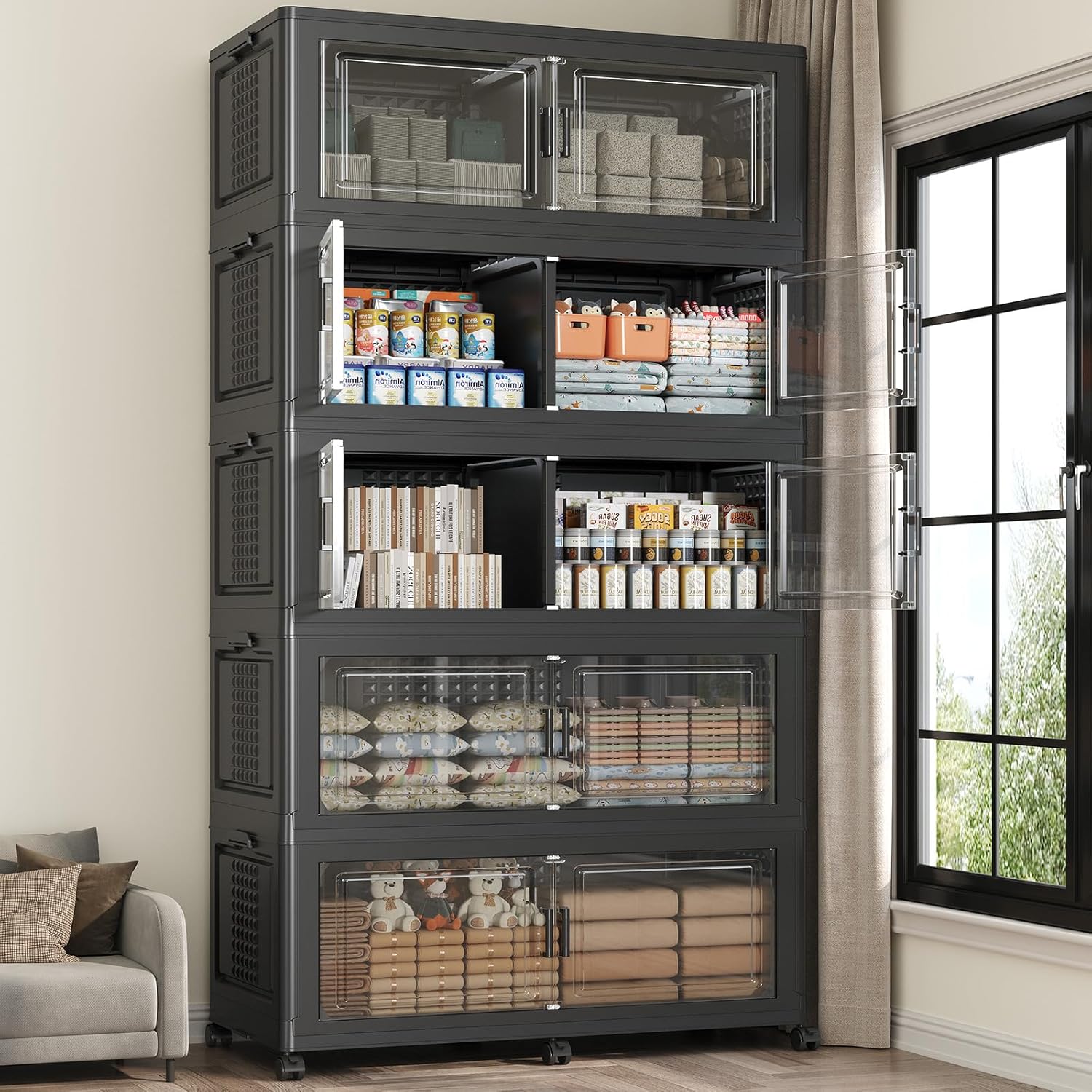 250Gal Stackable Storage Bins with Lid 5-Tier Collapsible Cabinet Closet Organizer Box with Wheels 1000QT Large Plastic Drawer